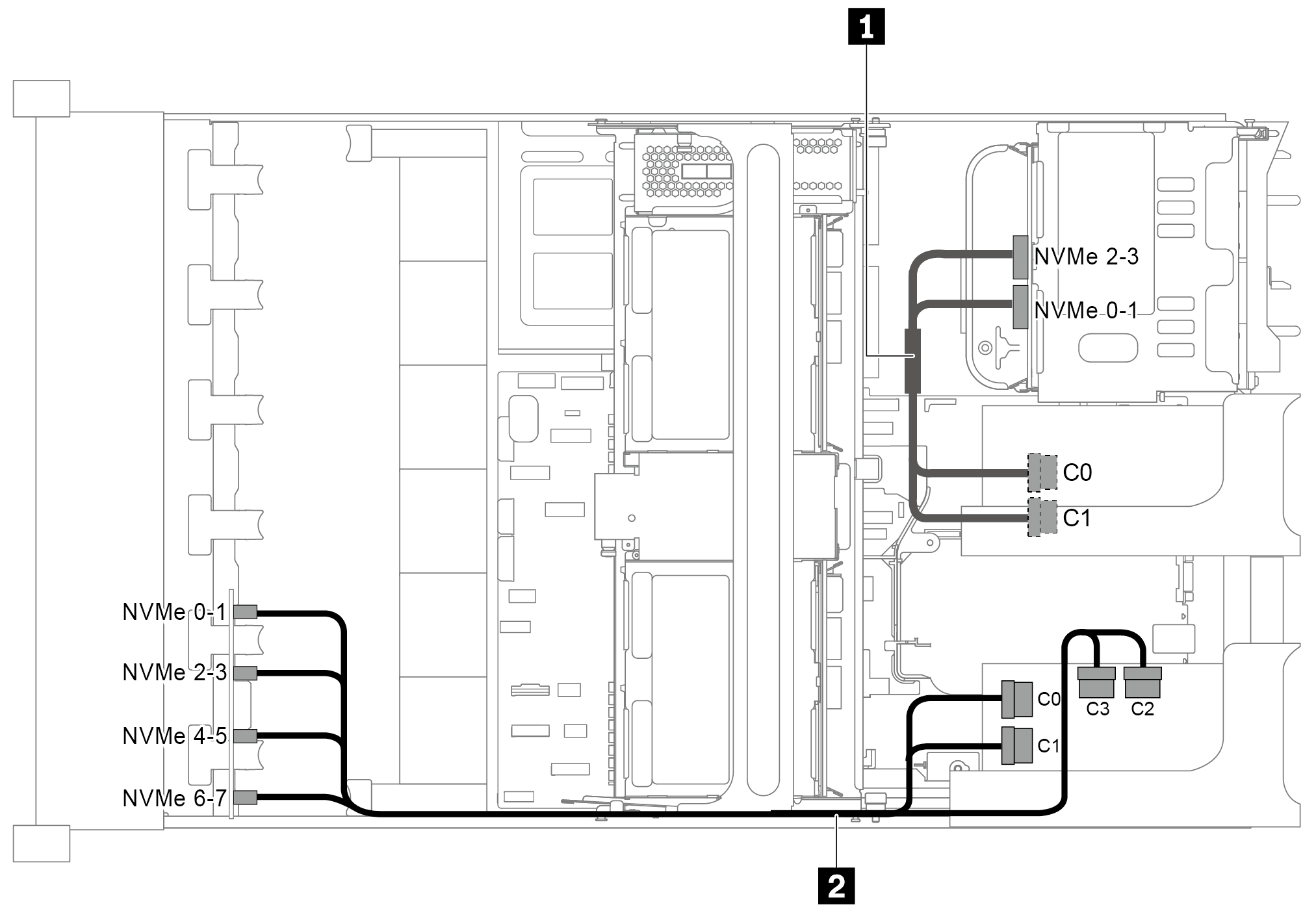 Cable routing for configuration with one NVMe Retimer adapter on the rear backplane and one 1611-8P NVMe switch card