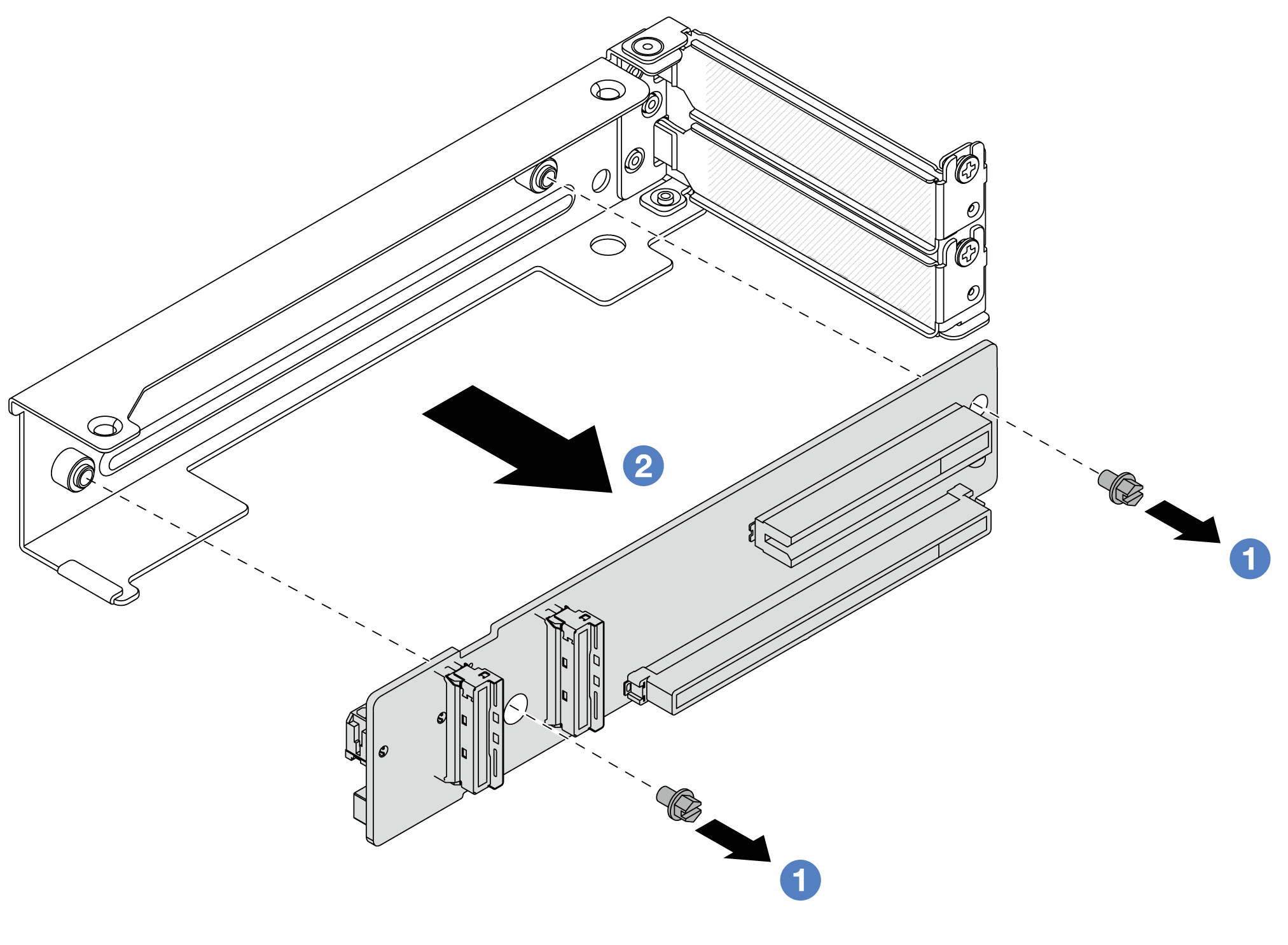 Removing the riser card from 4LP riser 3/4 cage