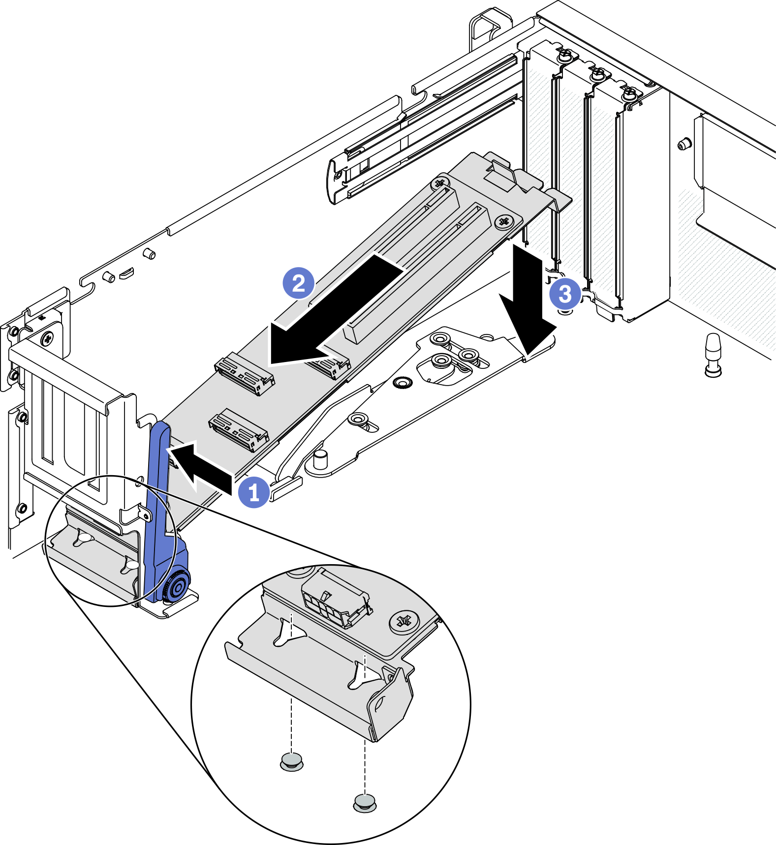 Placing the module de la carte d’extension d’E-S avant into the chassis