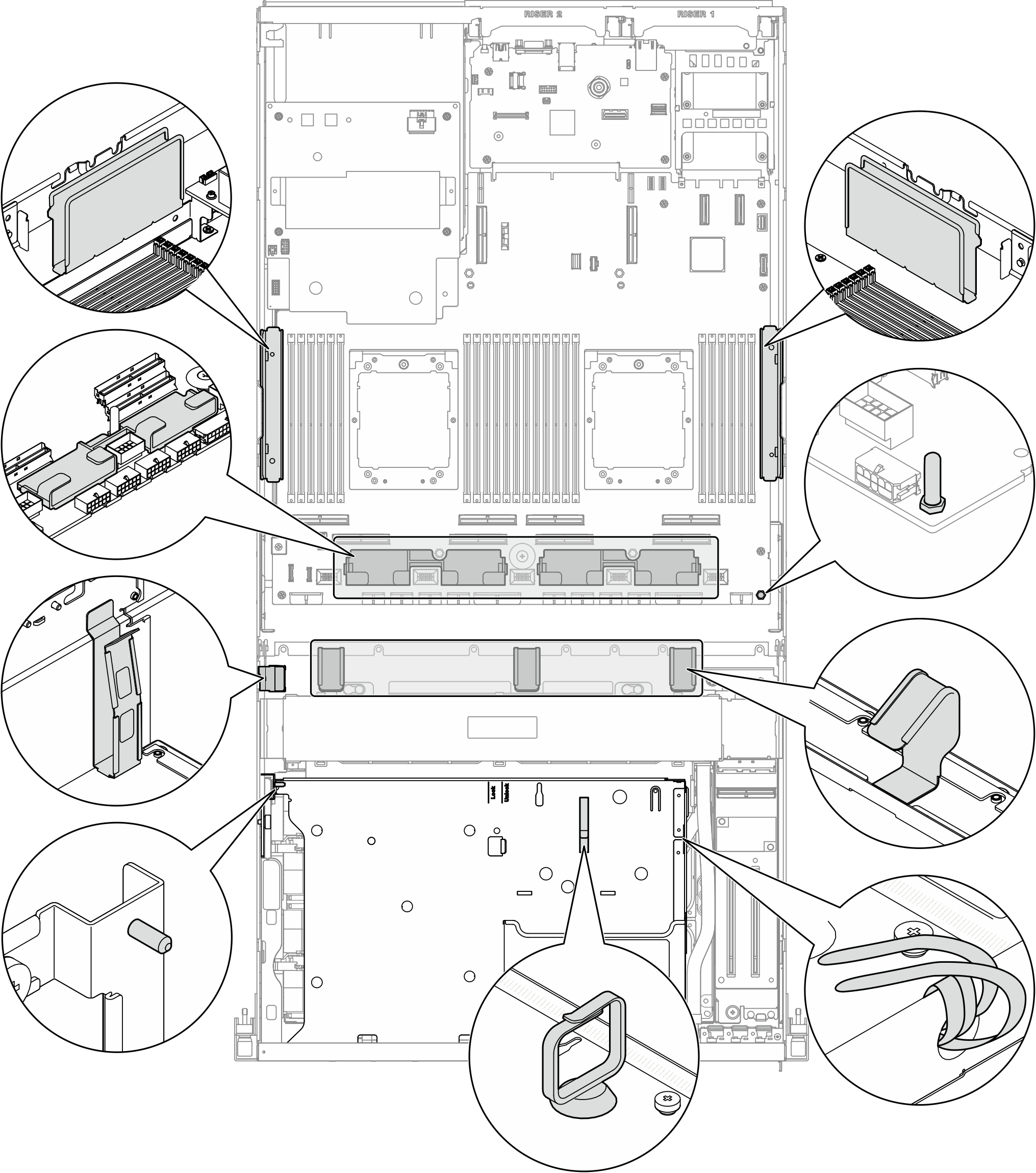 Cable guide, cable clip, cable retaining guide, and cable tie locations in the chassis