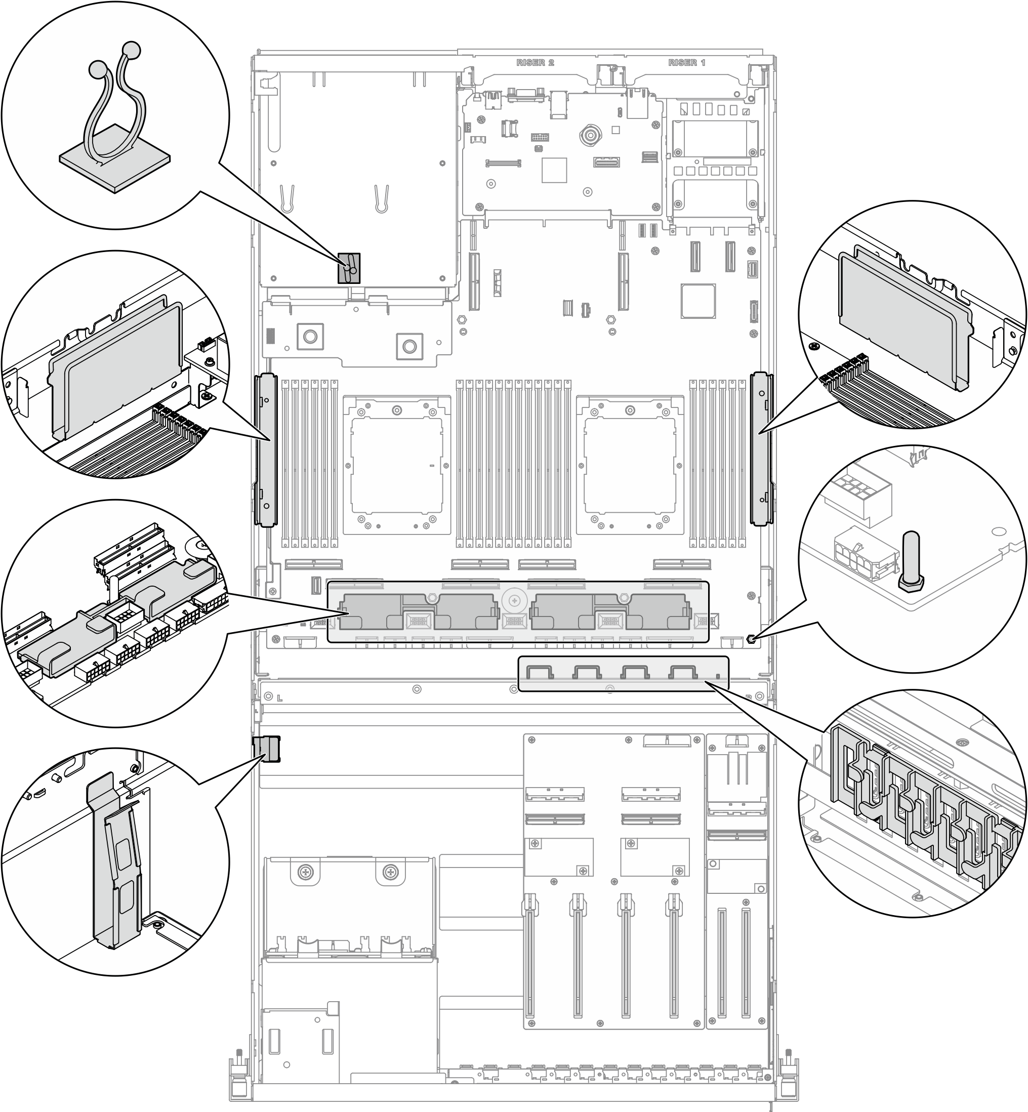 Cable guide and cable clip locations in the chassis