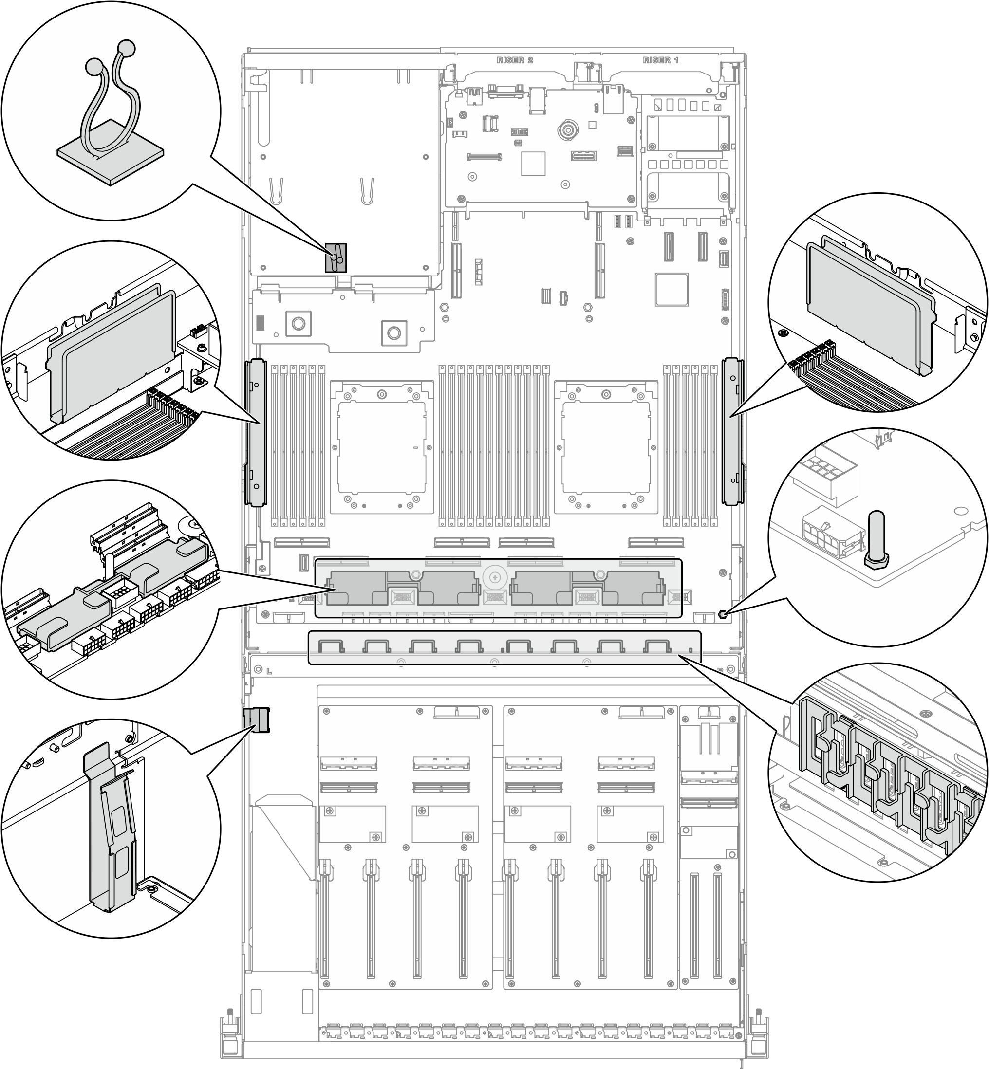 Cable guide and cable clip locations in the chassis