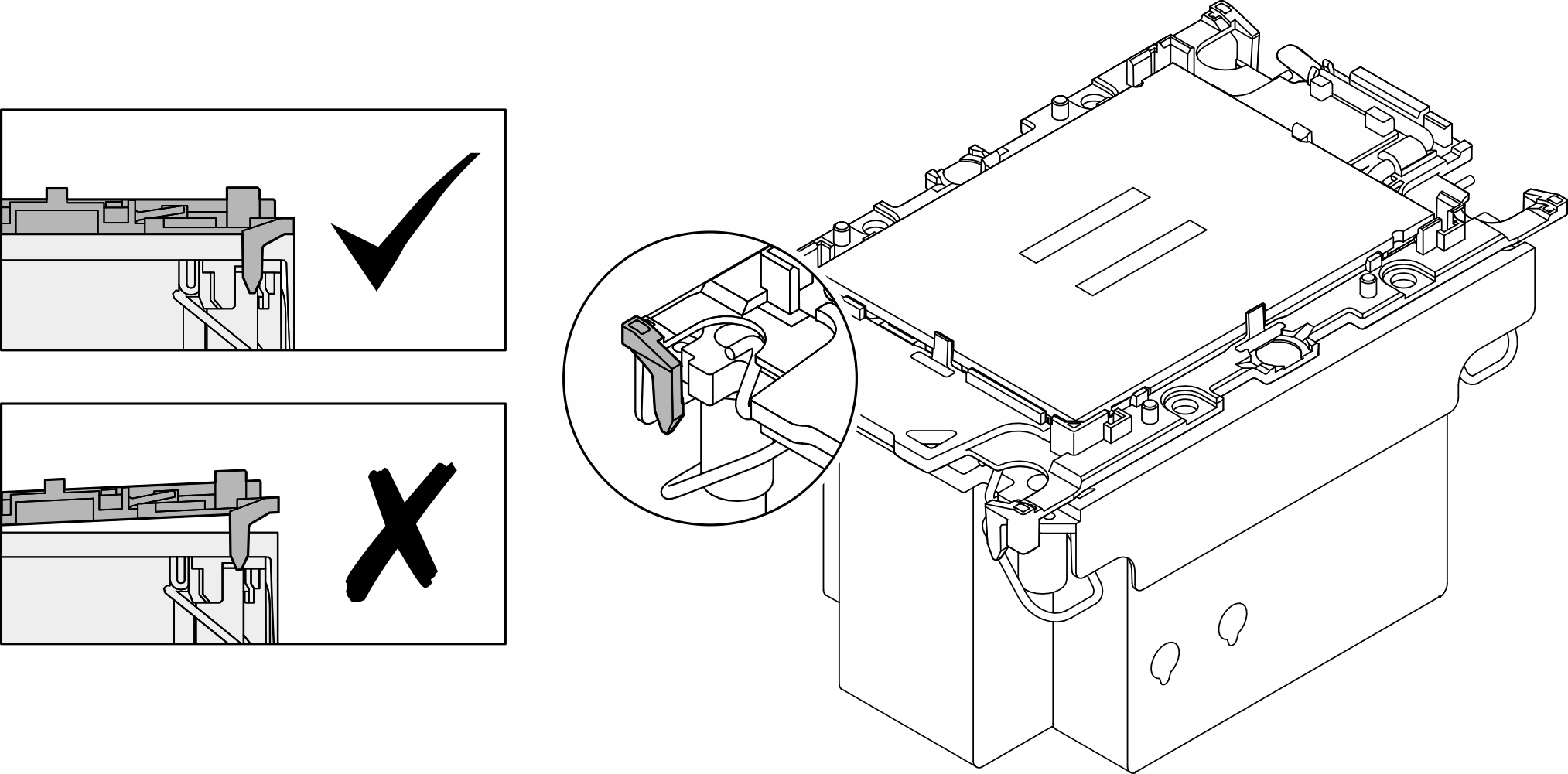 Visually inspect to make sure that clips at all four corners fully engage