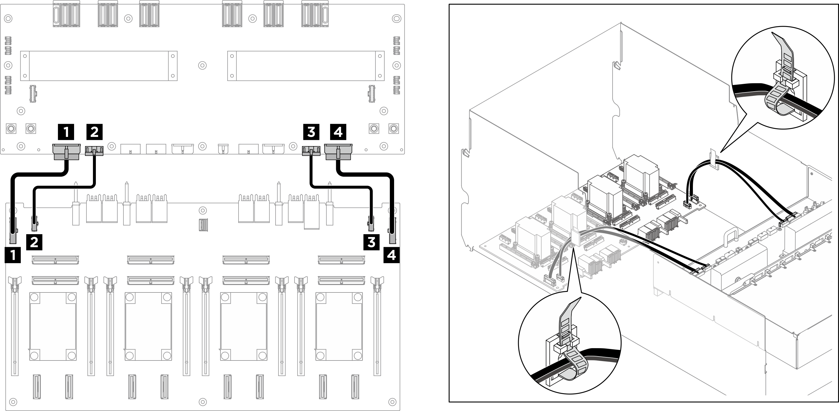 Tableau de commutation PCIe cable routing (power and sideband cables)