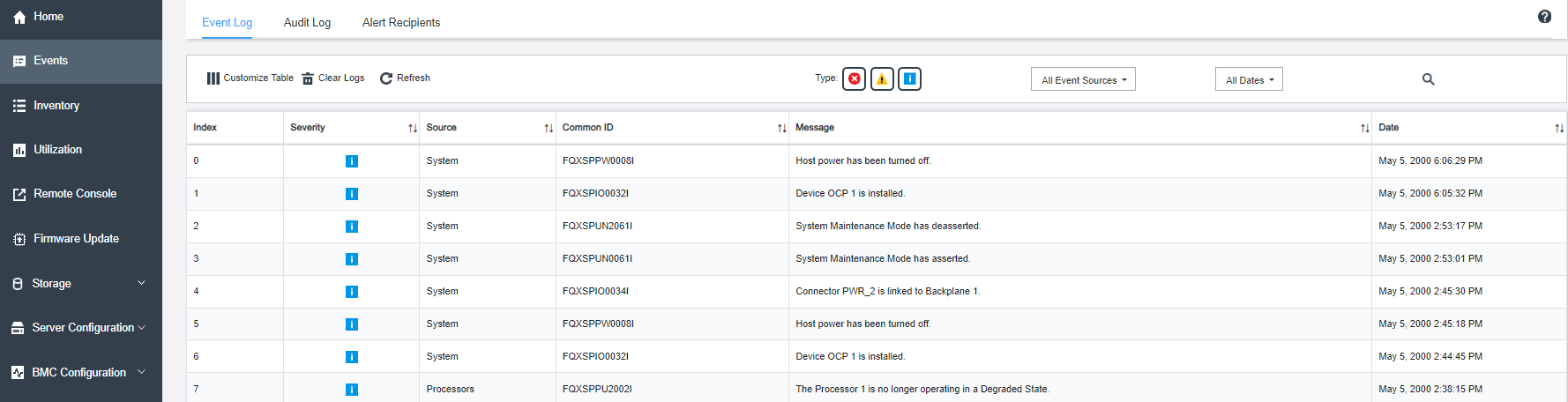 Screen capture of the Lenovo XClarity Controller event log.