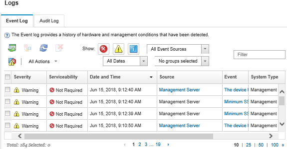 Screen capture of the Lenovo XClarity Administrator event log