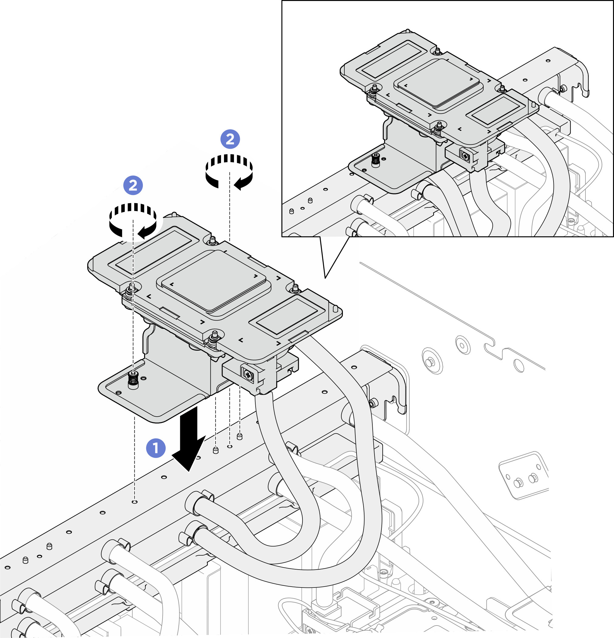 Installing the service bracket and the GPU cold plate assembly