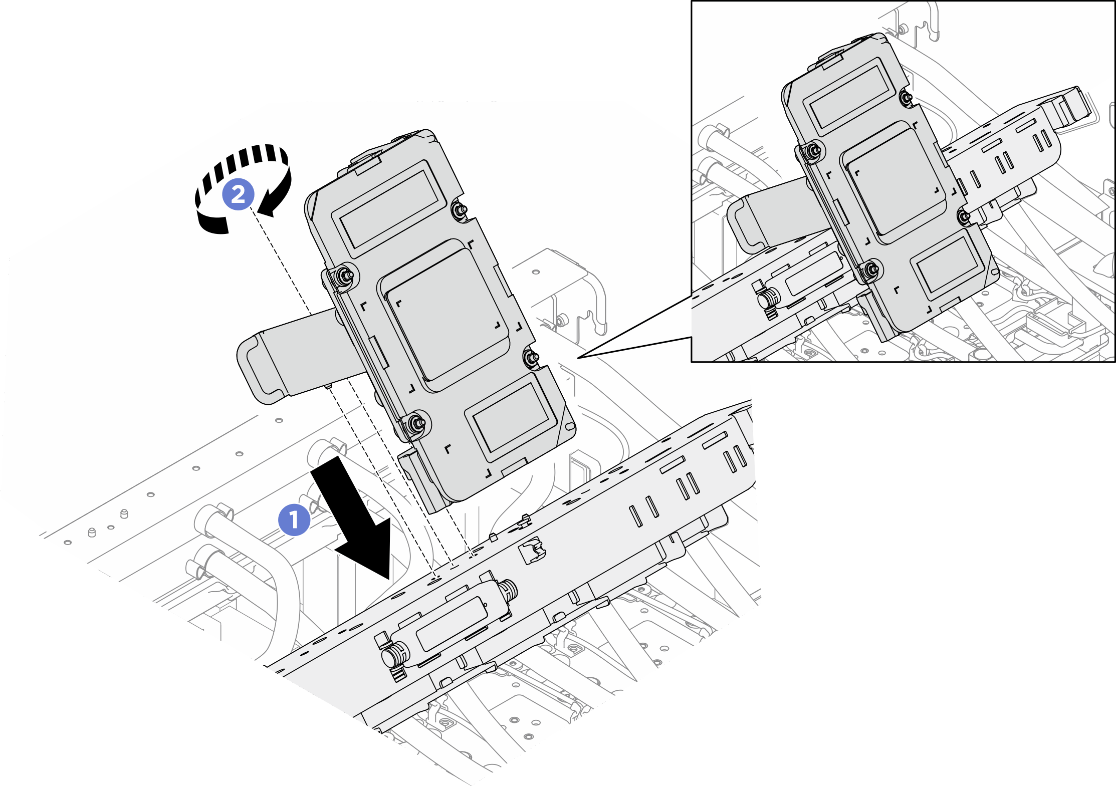 Installing the service bracket and the GPU cold plate assembly