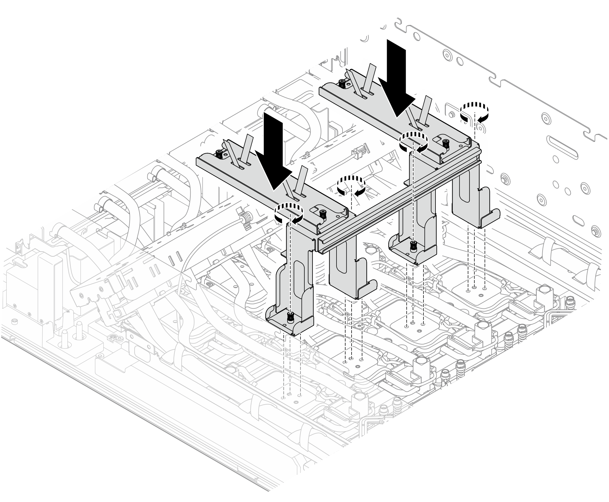 Installing the shipping brackets to the rear GPU cold plates