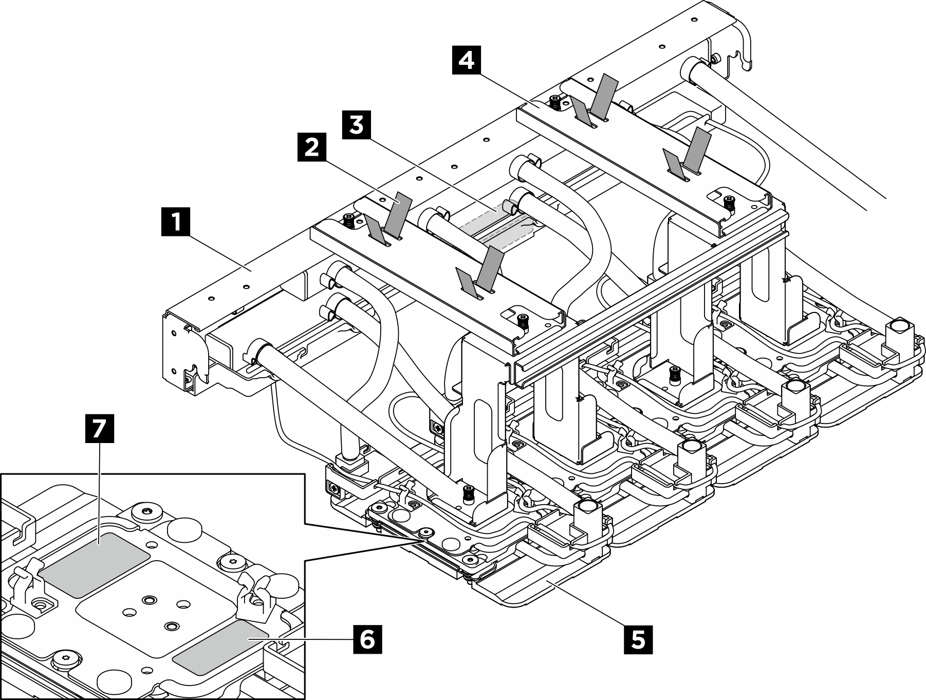 front H100/H200 GPU cold plate module components identification