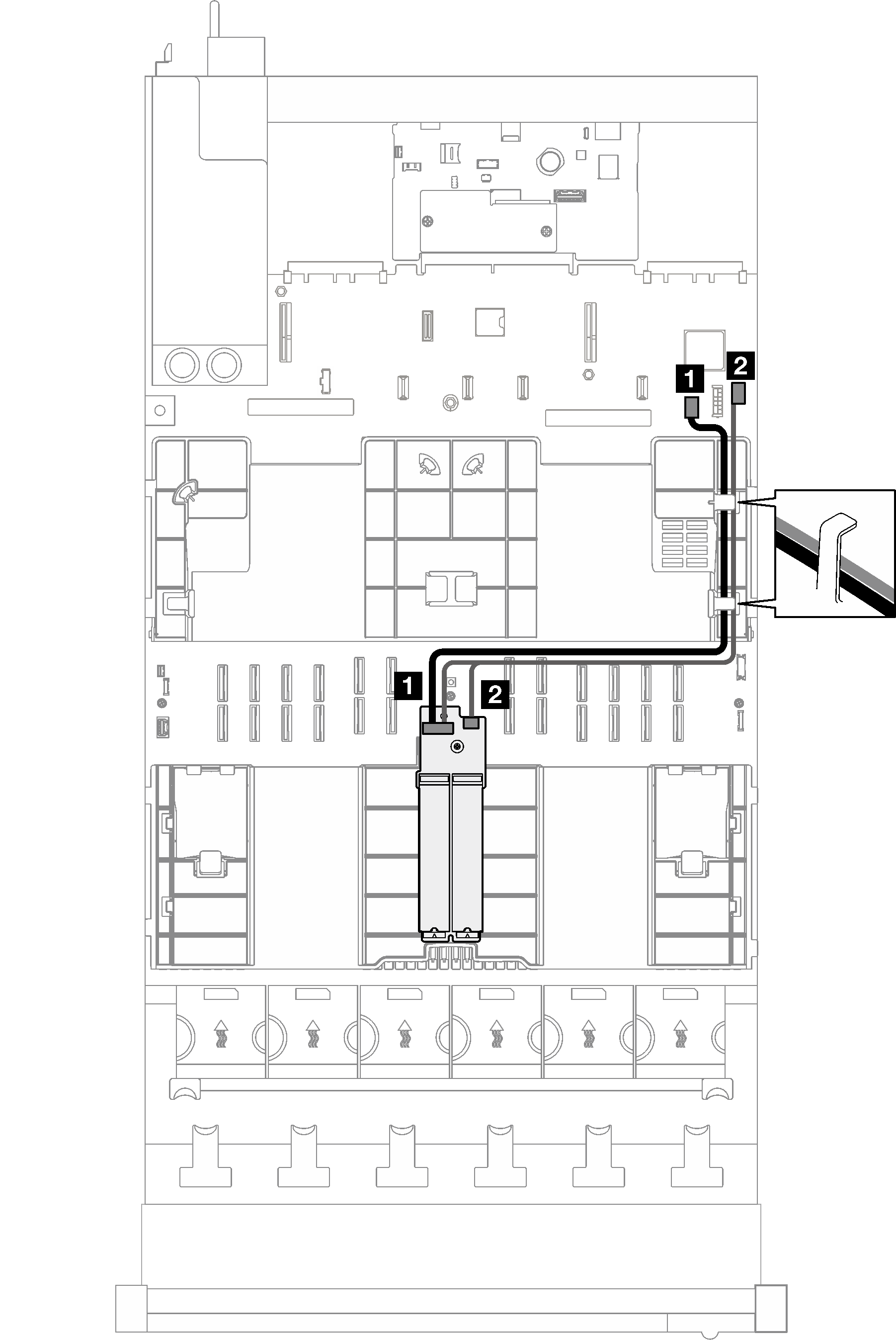 Cable routing for the SATA/NVMe or NVMe M.2 backplane