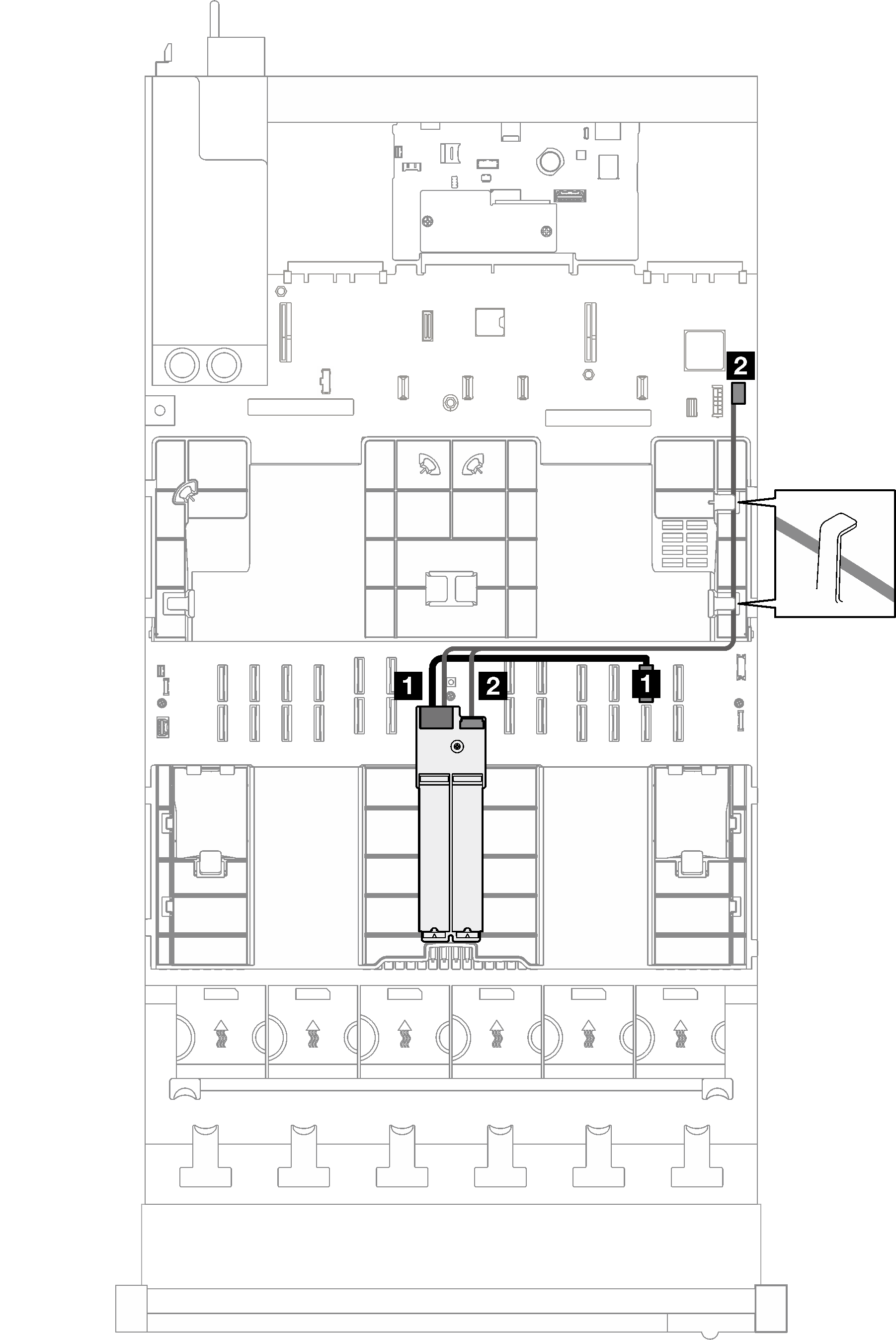 Cable routing for SATA/x4 NVMe M.2 backplane to processor