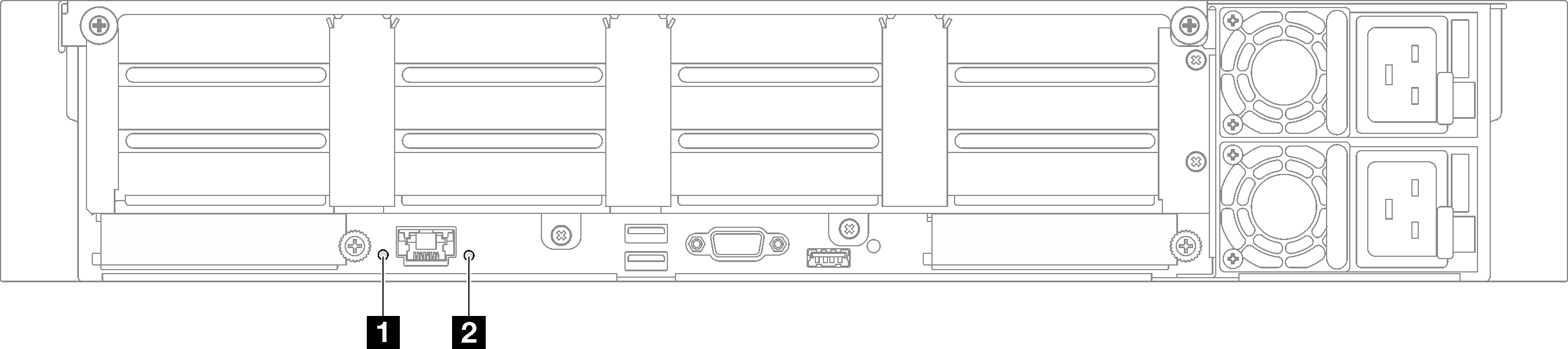 System LEDs on the rear view - server model with four PCIe risers