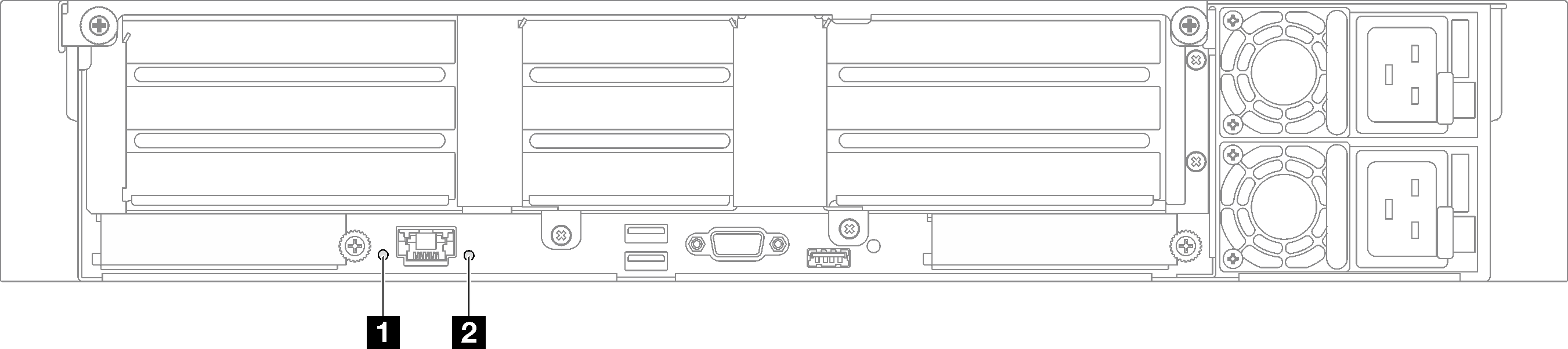 System LEDs on the rear view - server model with three PCIe risers