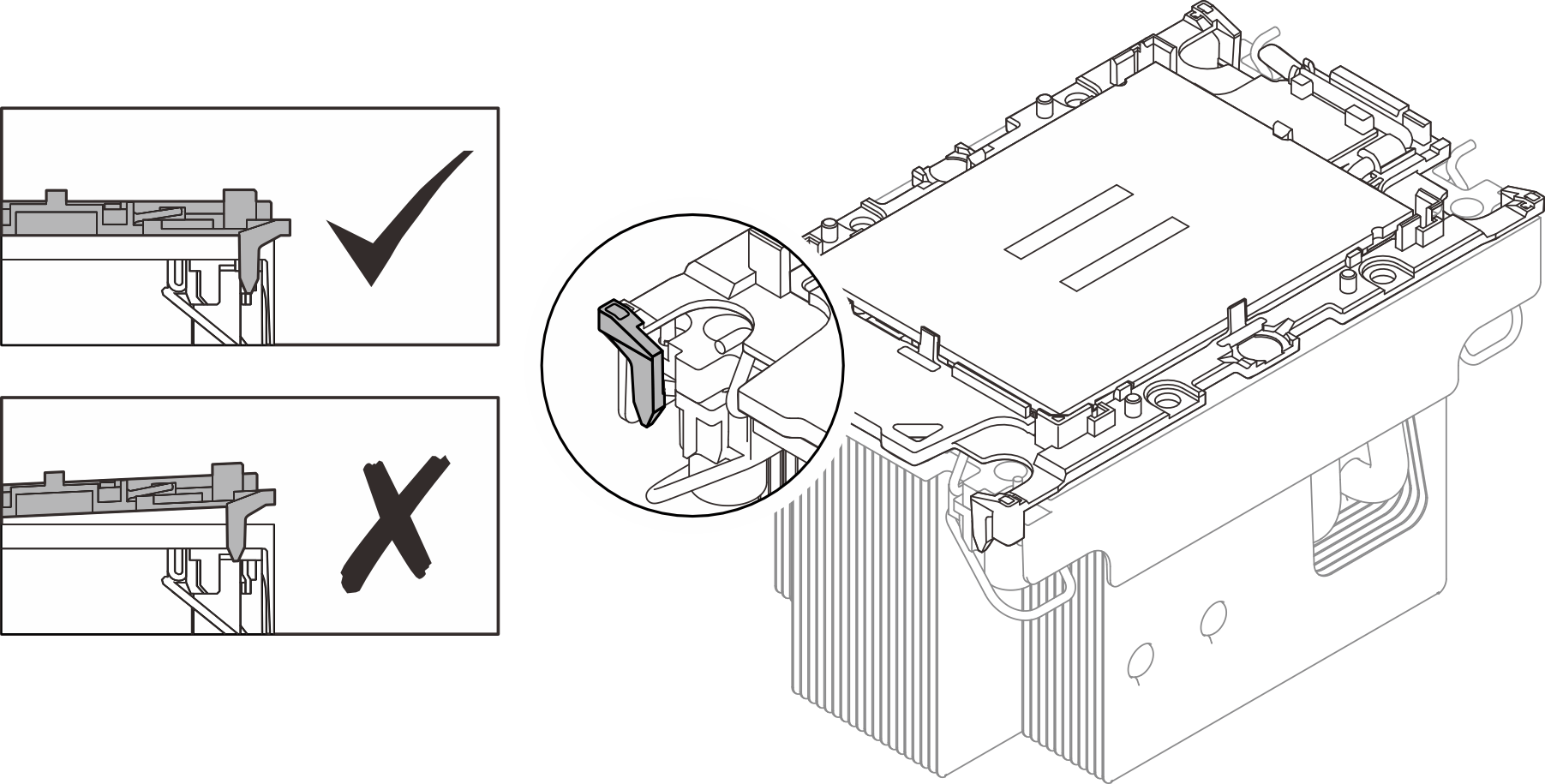 Visually inspect to make sure that clips at all four corners fully engage