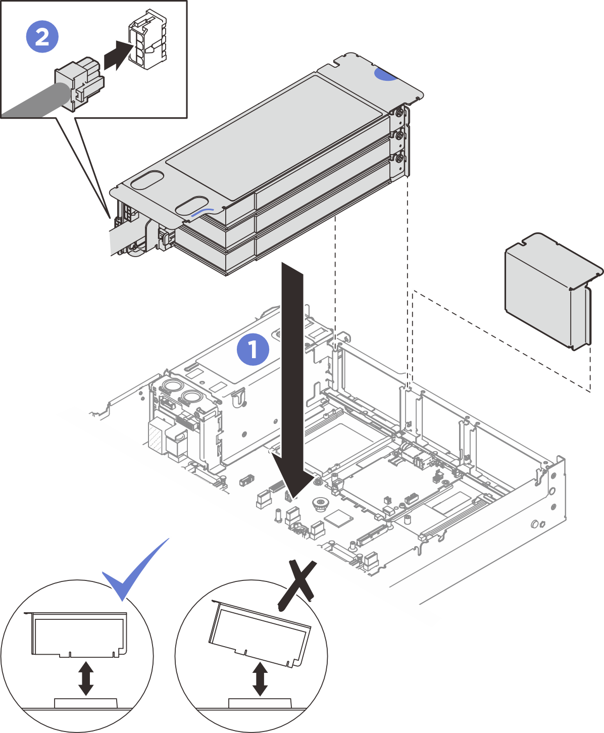 PCIe LP riser installation (with power connector)