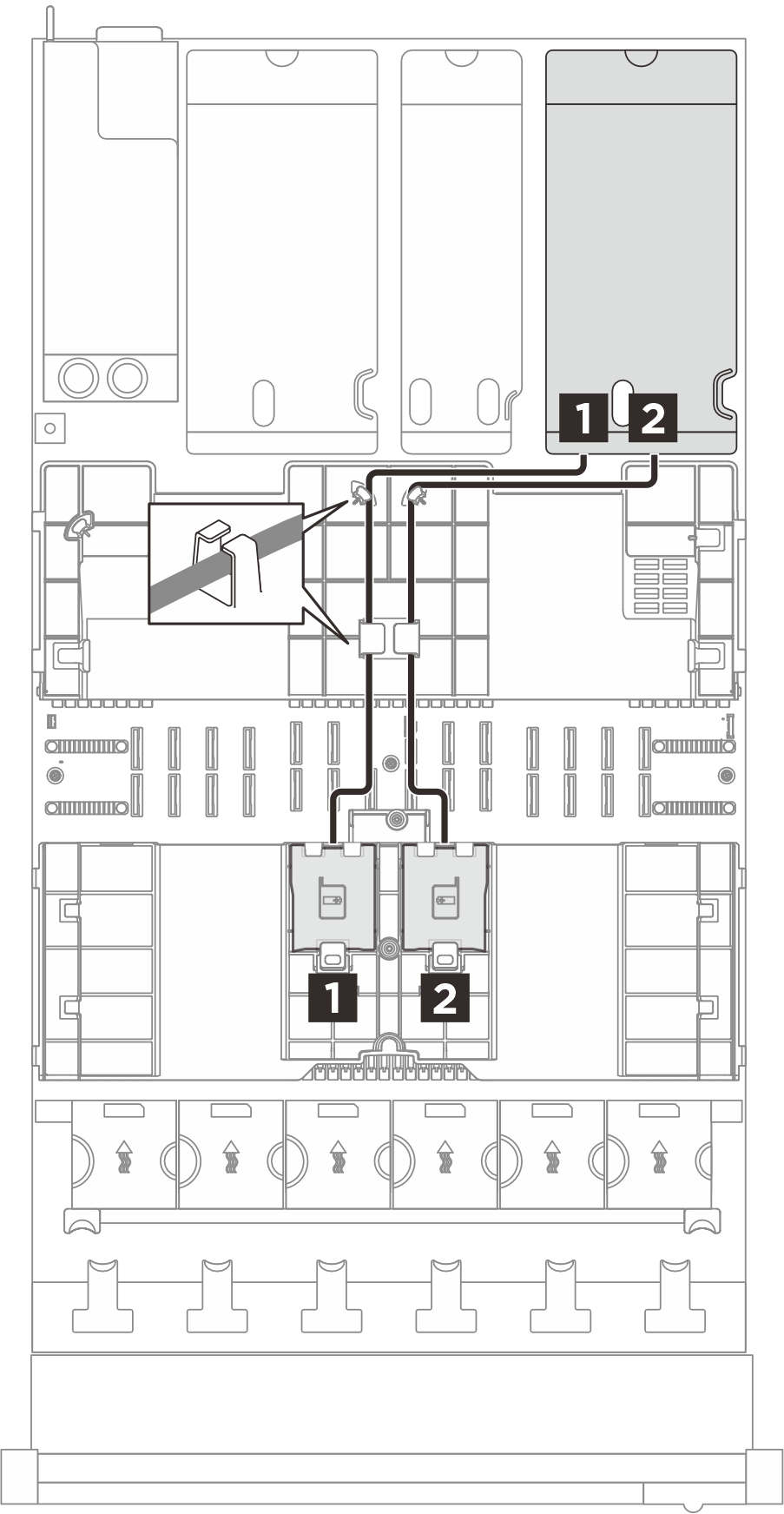 Flash power module cable routing to riser 1