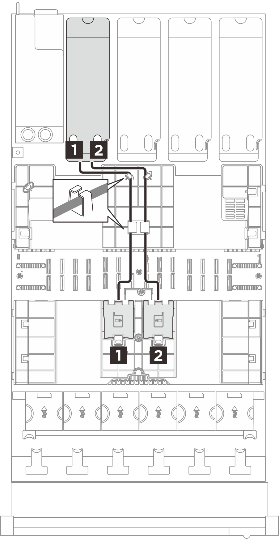 Flash power module cable routing to riser D