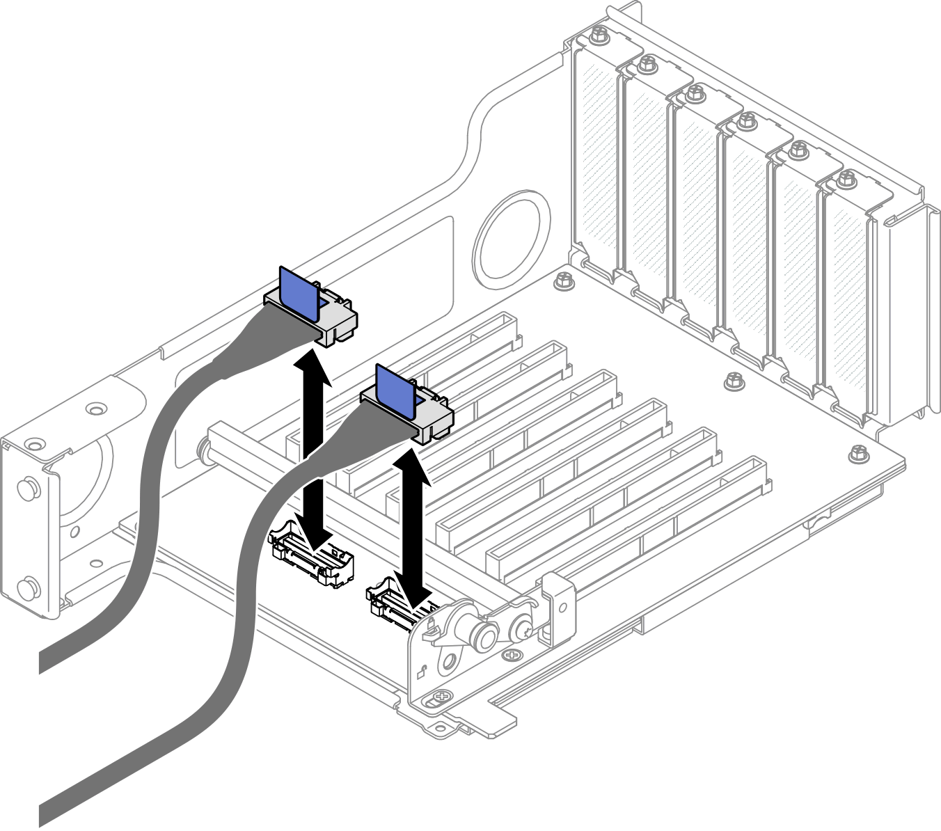 Connecting PCIe riser cables to inside of riser
