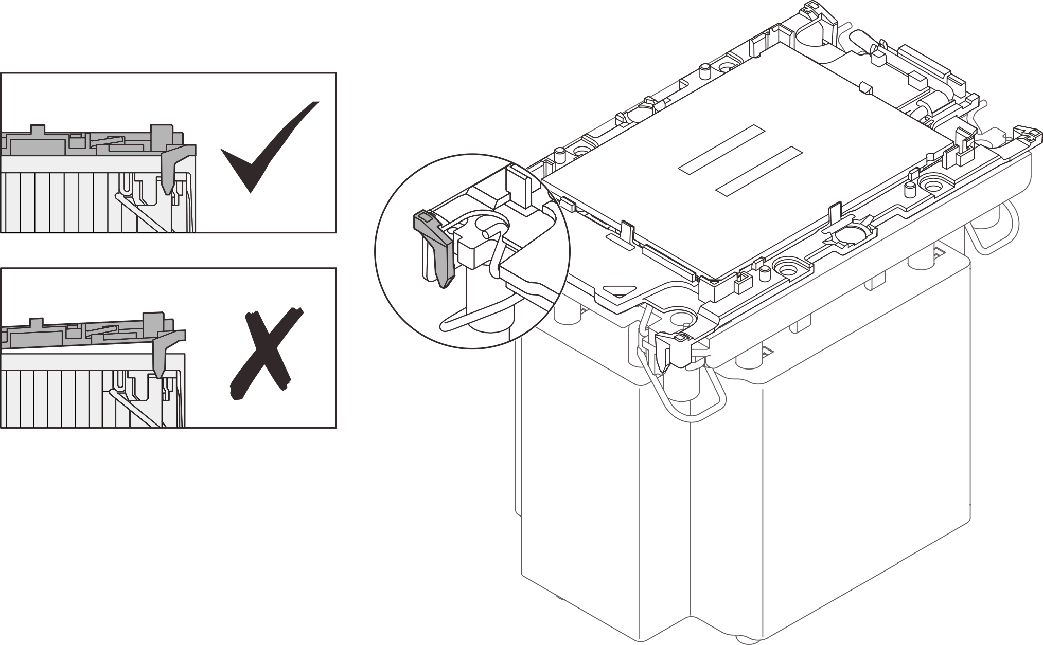 Visually inspect to make sure that clips at all four corners fully engage
