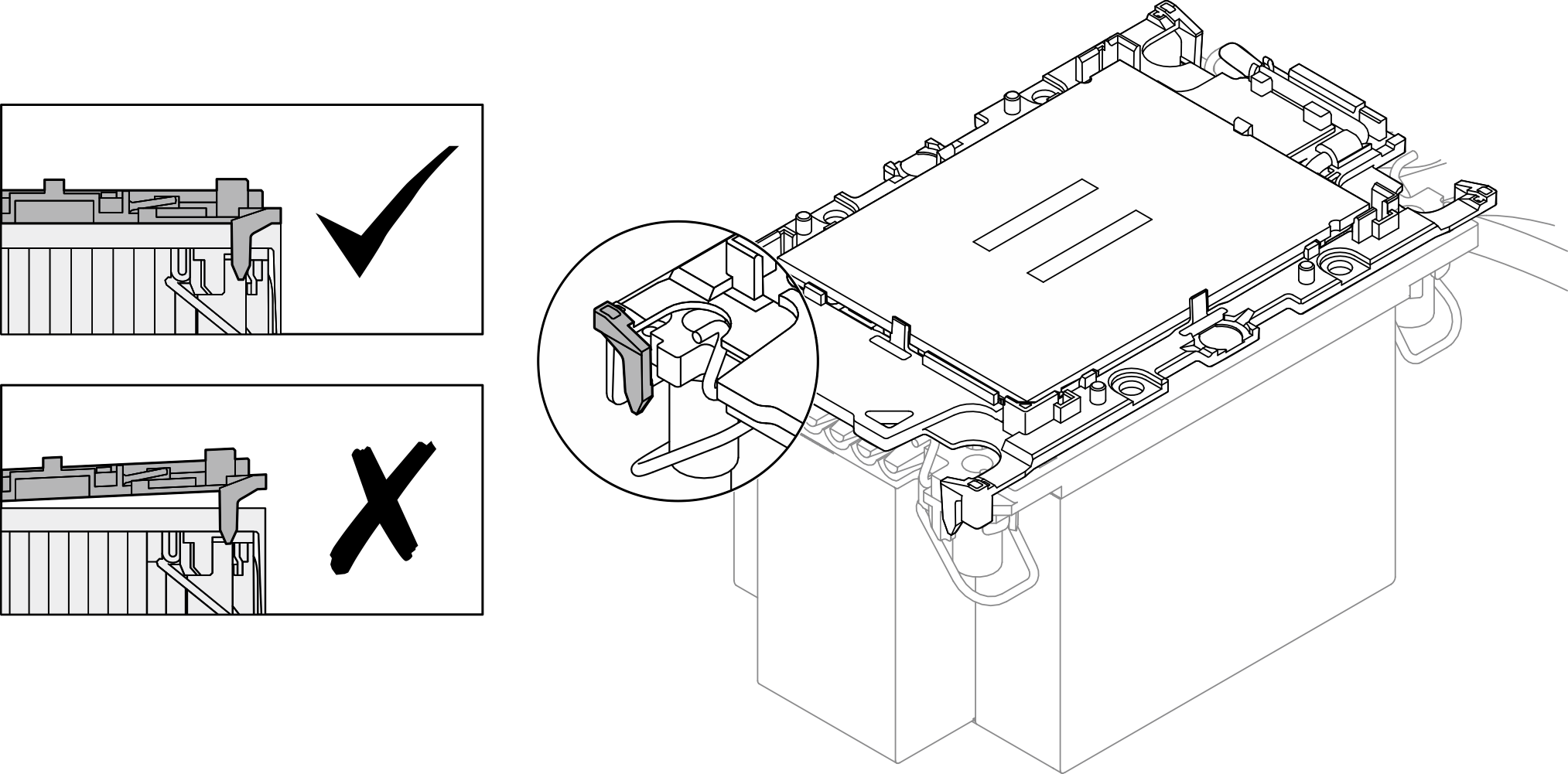 Visually inspect to make sure that clips at all four corners fully engage