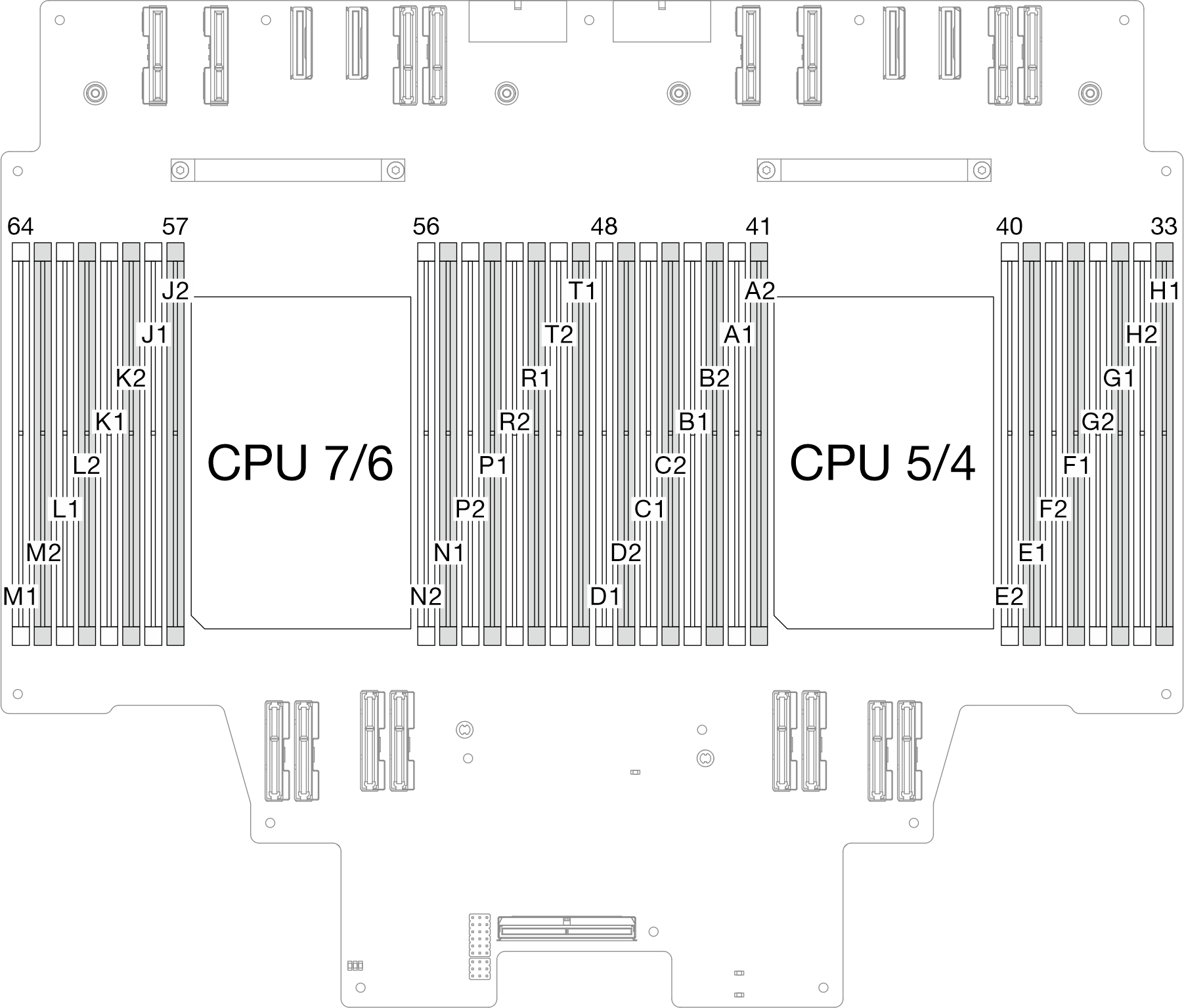 Memory modules and processors layout (upper processor board (CPU BD))