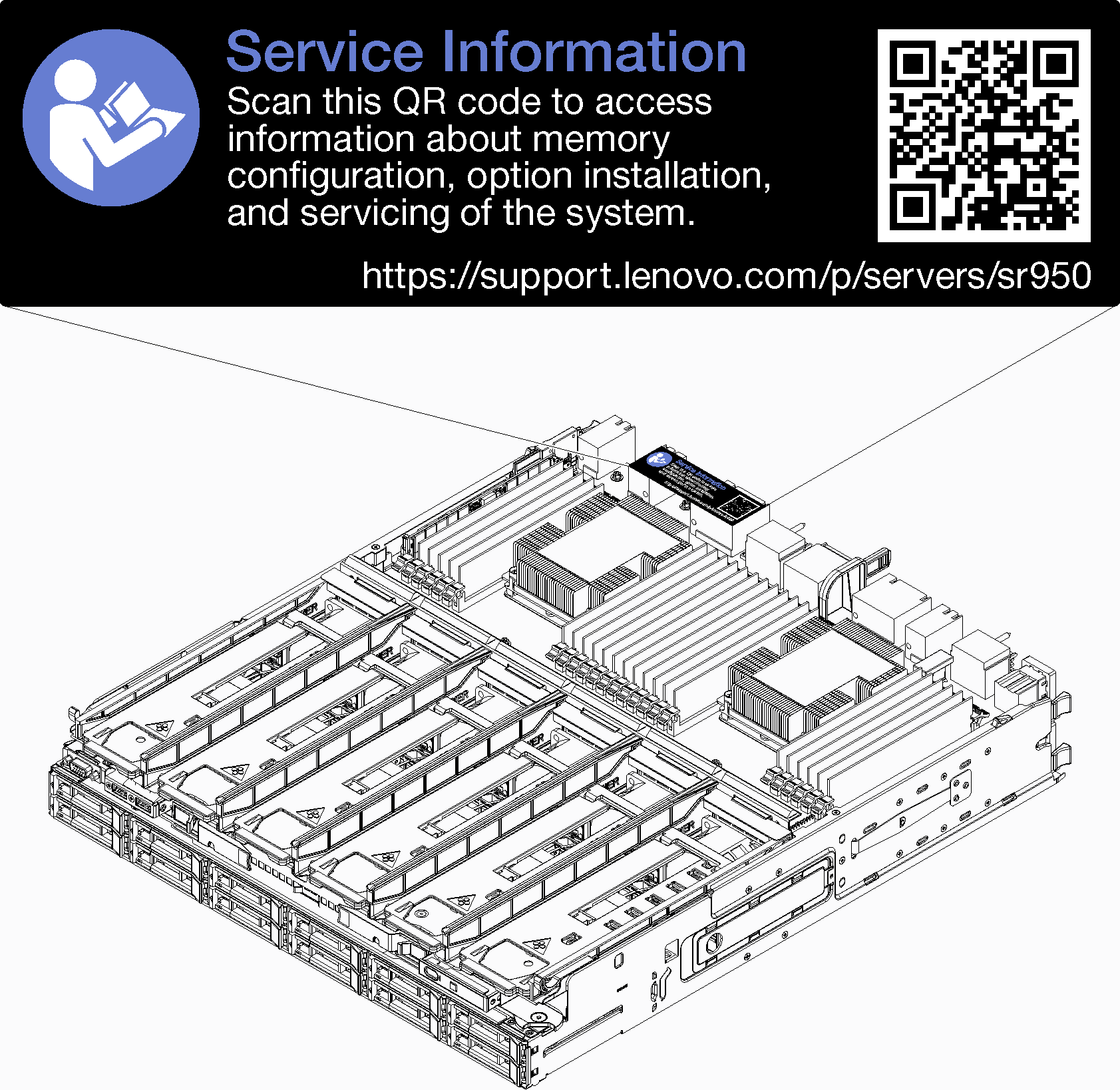 Graphic depicting the location of the service label and the QR code.