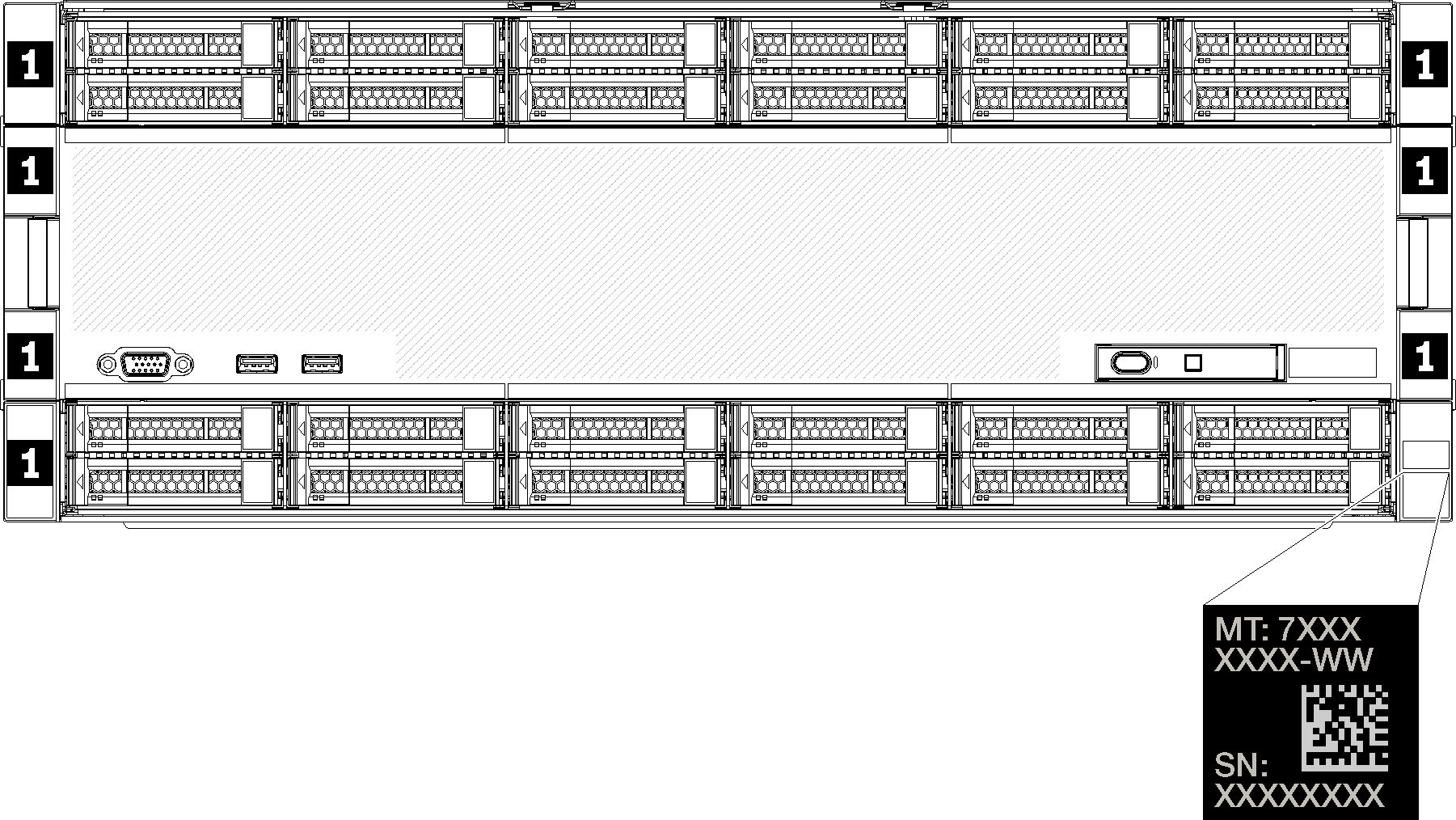 Graphic depicting the location of the ID label containing the machine type, model, and serial number for the server