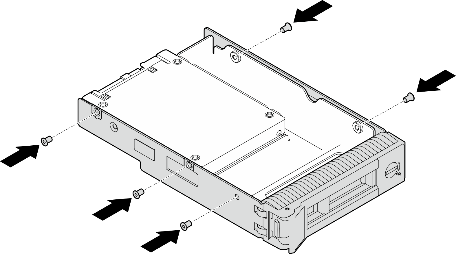 Installing the screws to secure the drive adapter and the drive to the drive tray