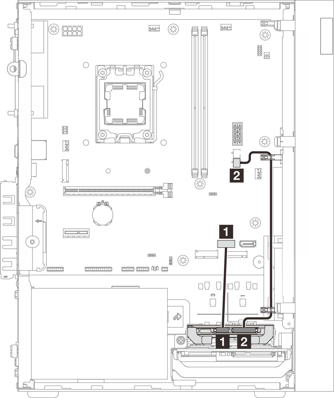 Cable routing for bay 1 drive in a configuration without bay 0 drive