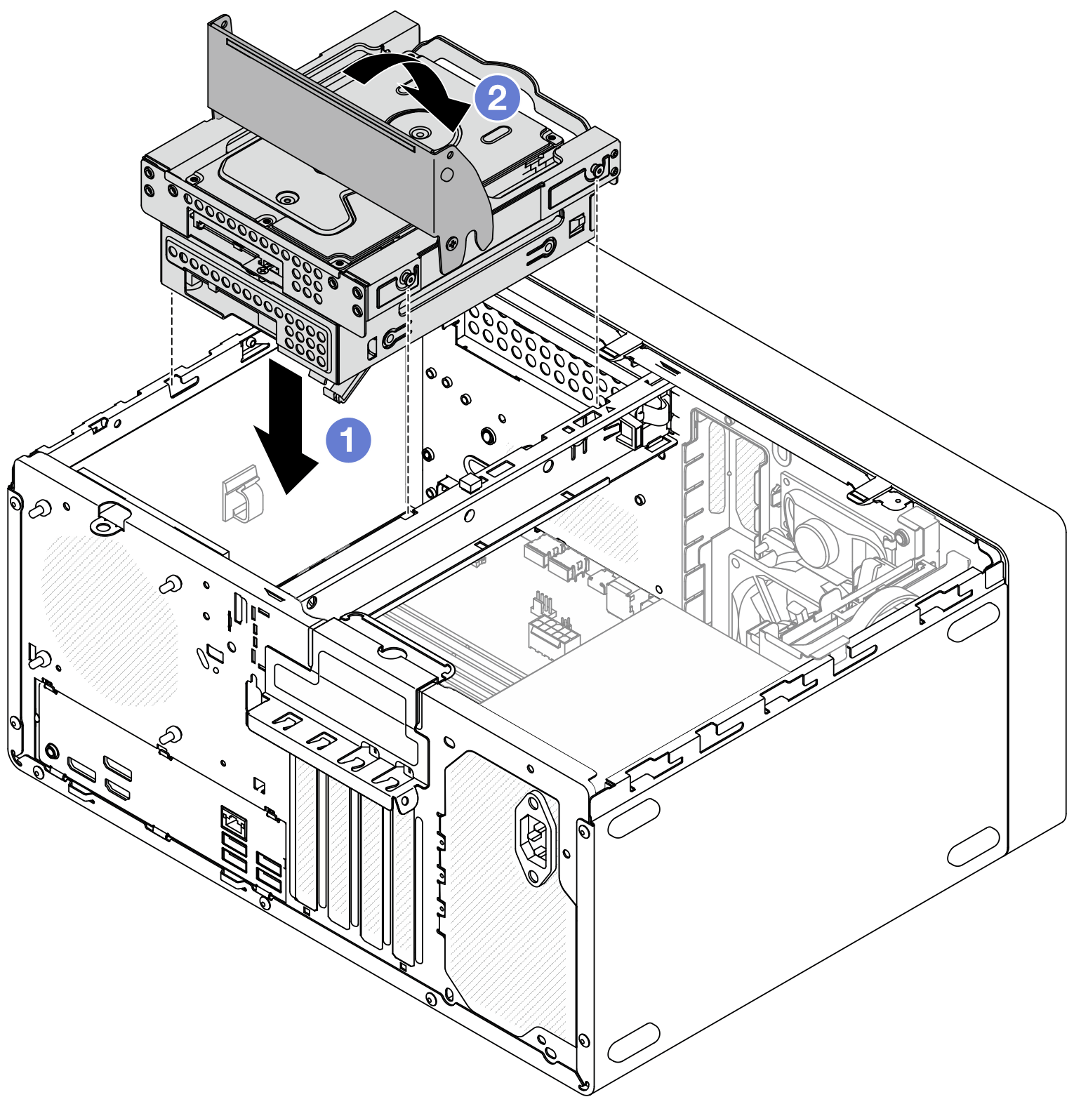 Installing the bay 2+bay 3 drive cage assembly