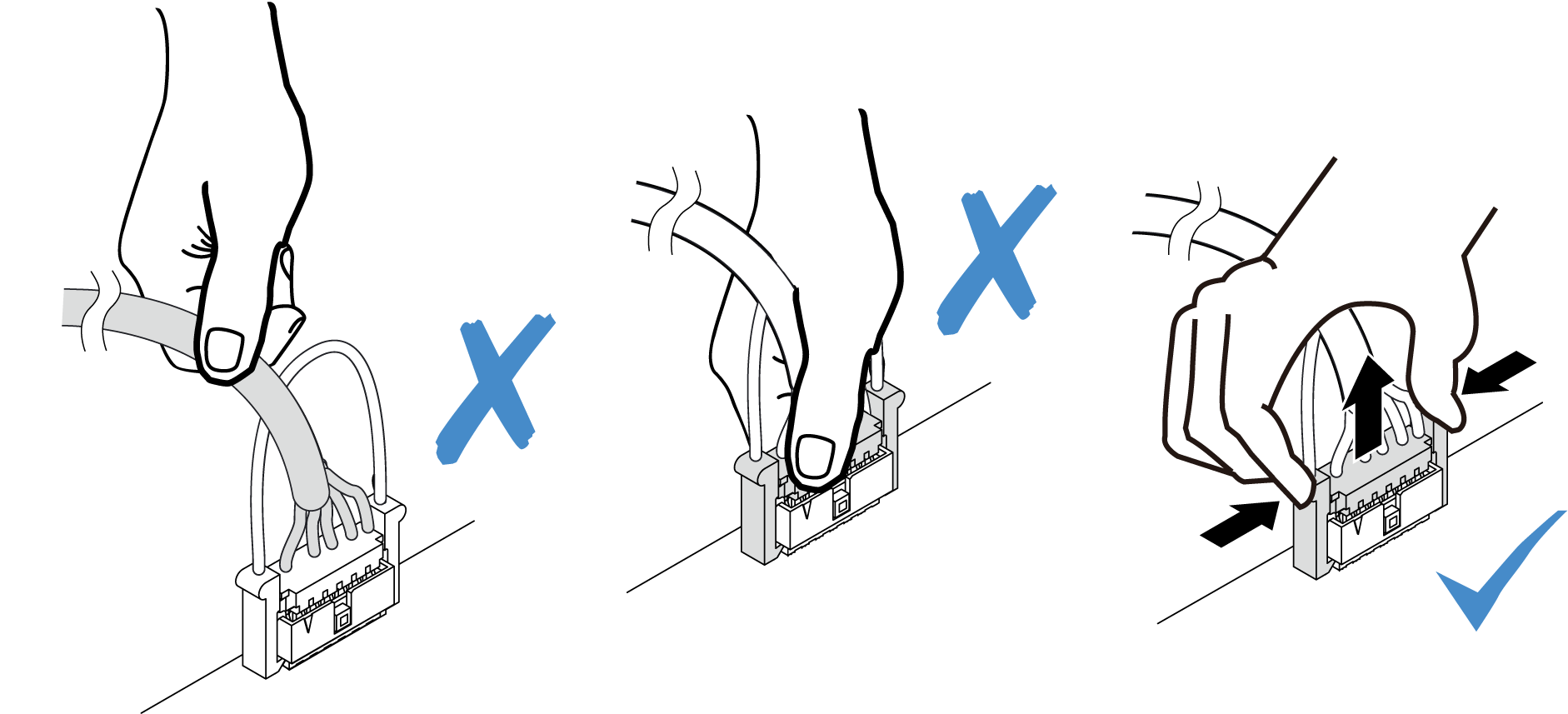 Squeezing the release tabs at both sides to disengage the connector