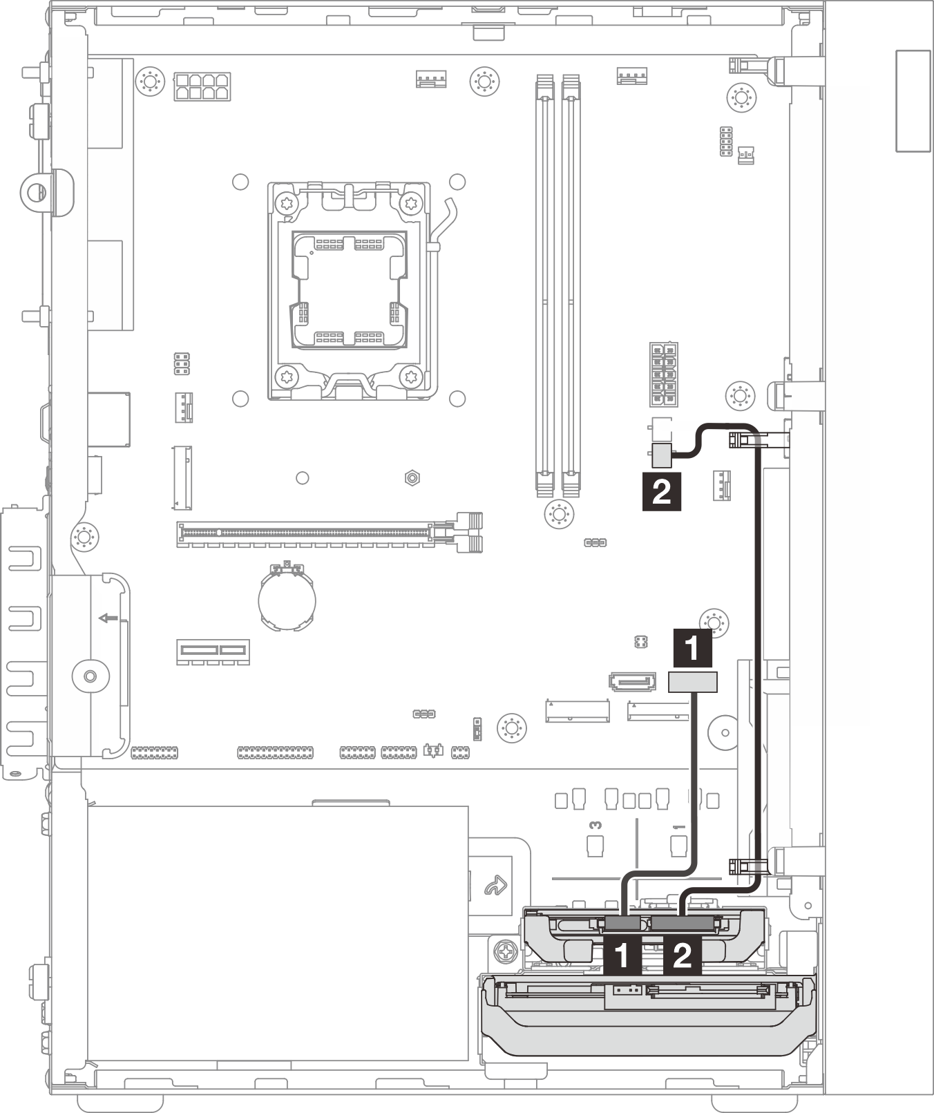 Cable routing for bay 1 drive in a configuration with bay 0 drive