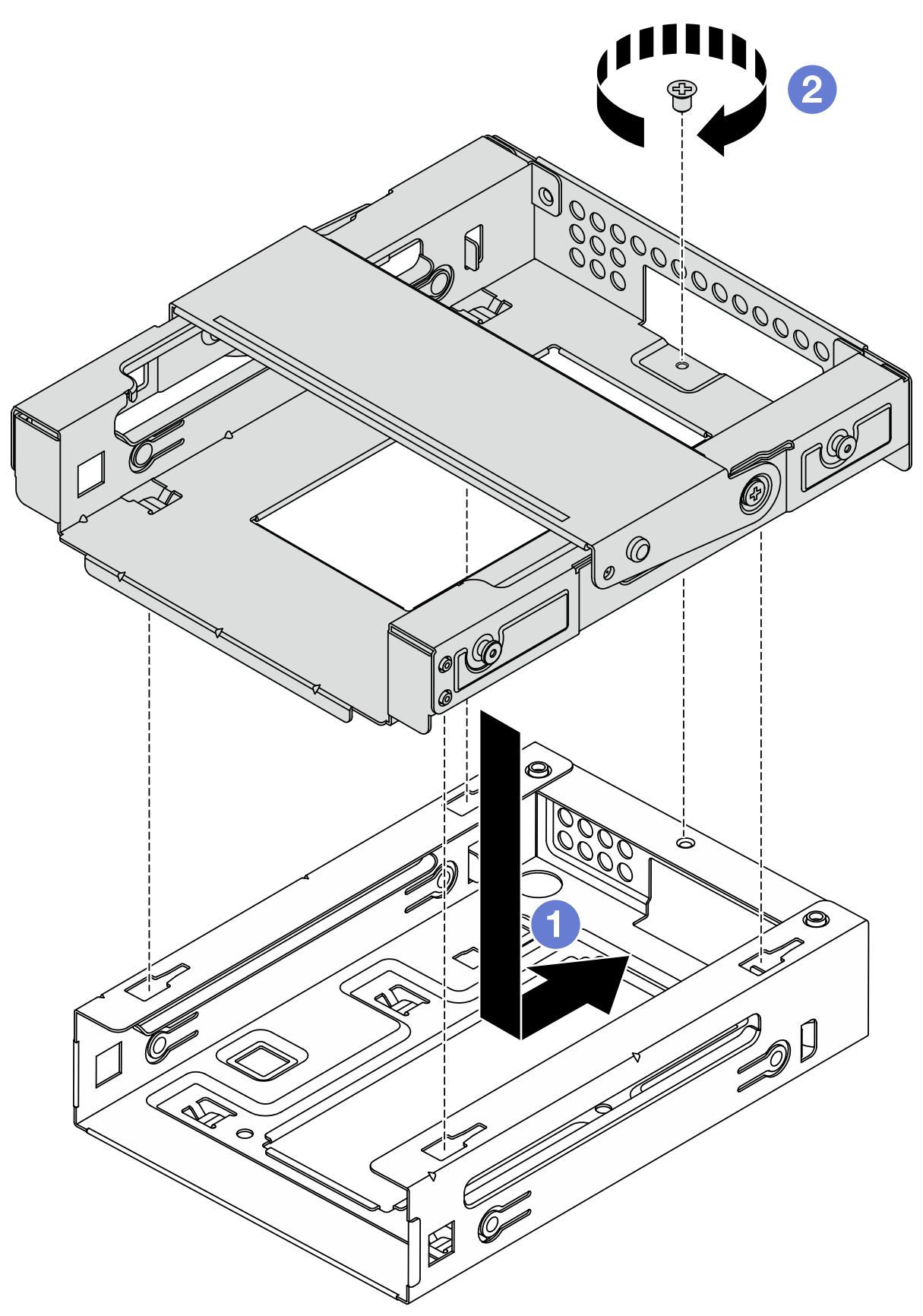 Installing the bay 3 drive cage to the bay 2 drive cage