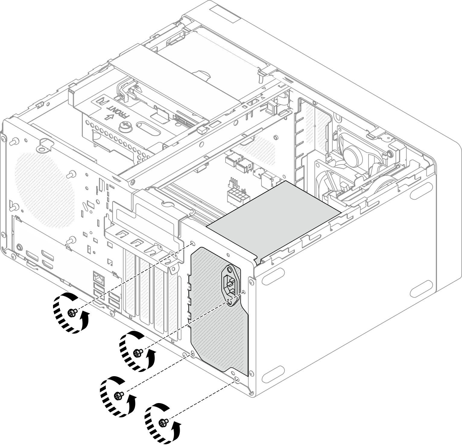 Removing the screws securing the power supply unit