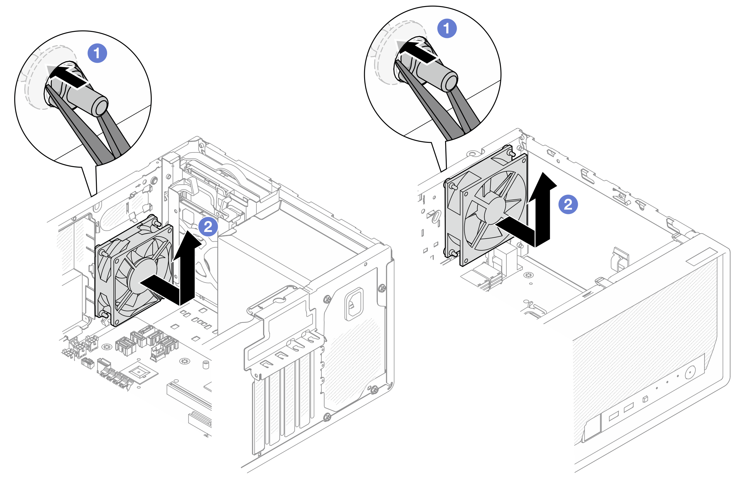 Removing the fan by squeezing rubber mounts