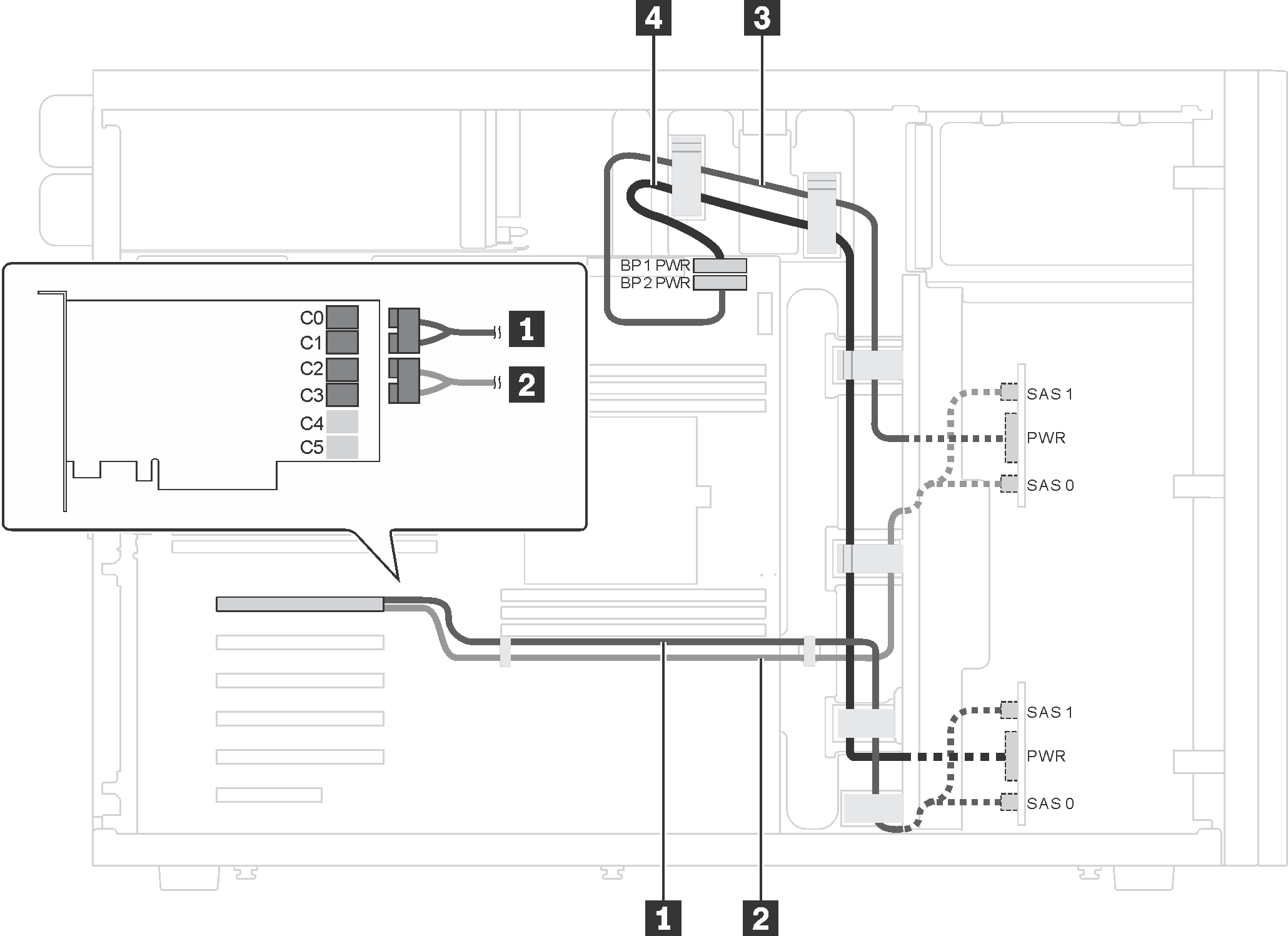 Cable routing for server models with sixteen 2.5-inch SAS/SATA drives and one 24i RAID adapter