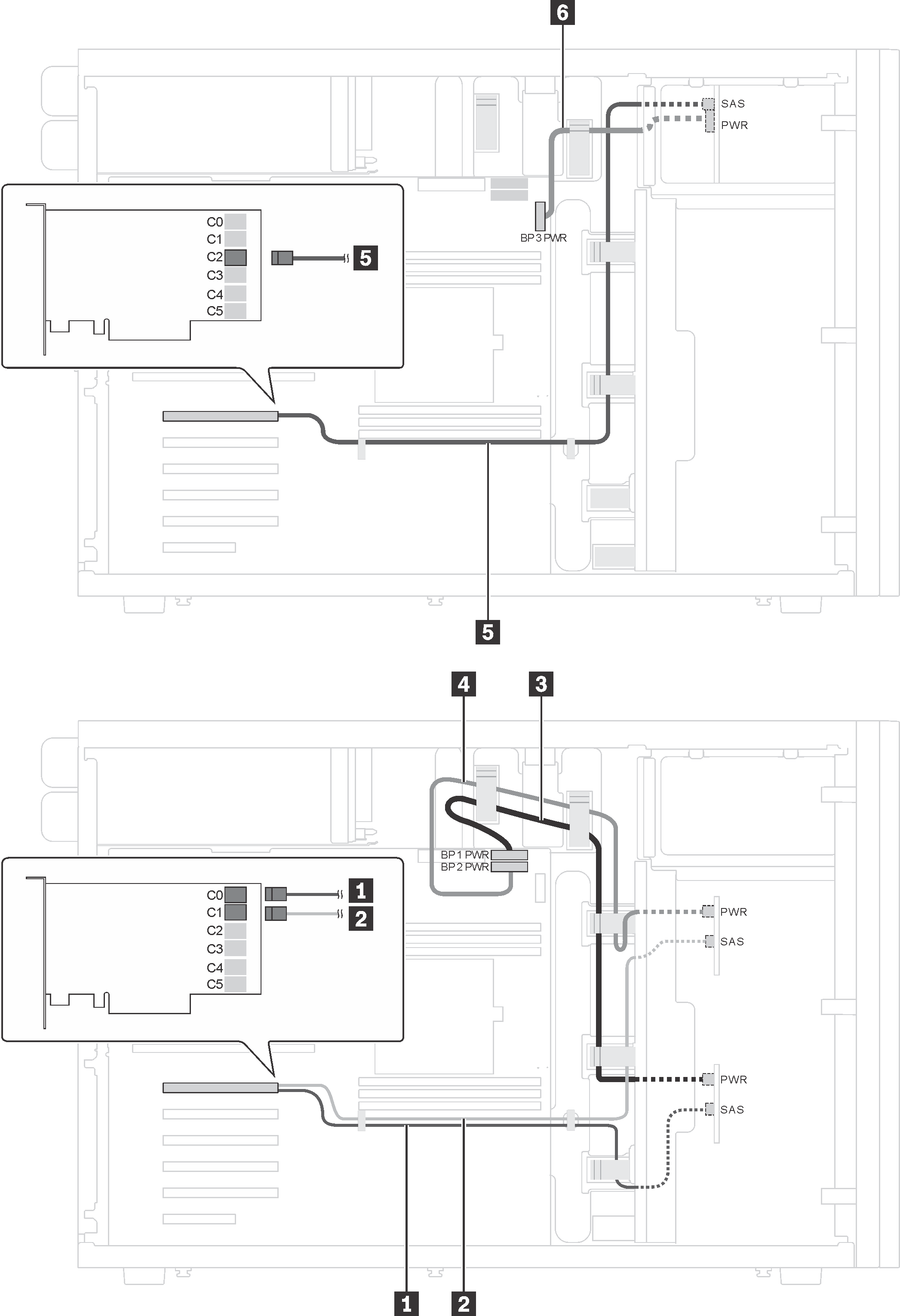 Cable routing for server models with eight 3.5-inch hot-swap SAS/SATA drives, four 2.5-inch hot-swap SAS/SATA drives, and one 24i RAID adapter