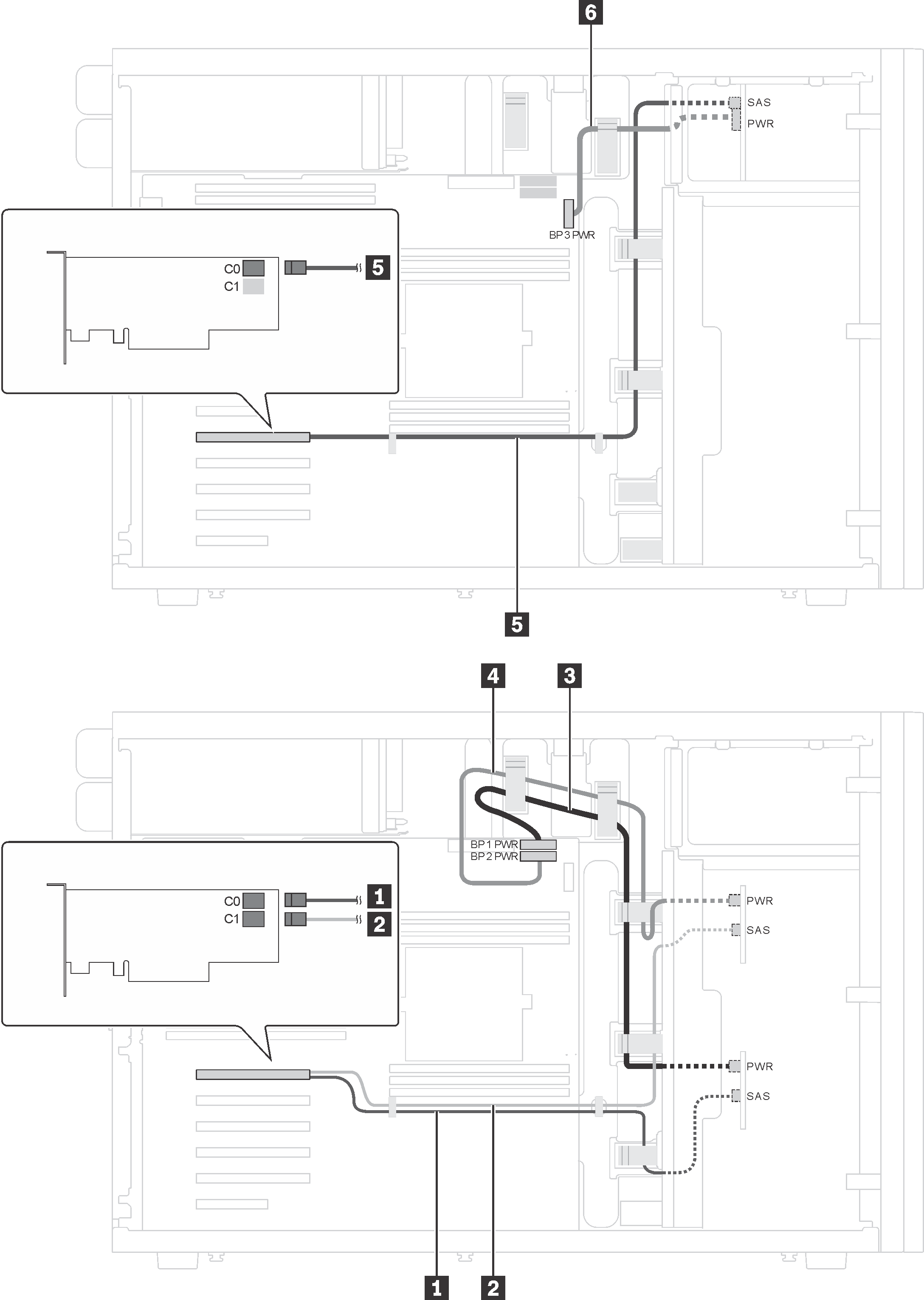 Cable routing for server models with eight 3.5-inch hot-swap SAS/SATA drives, four 2.5-inch hot-swap SAS/SATA drives, and two 8i RAID adapters