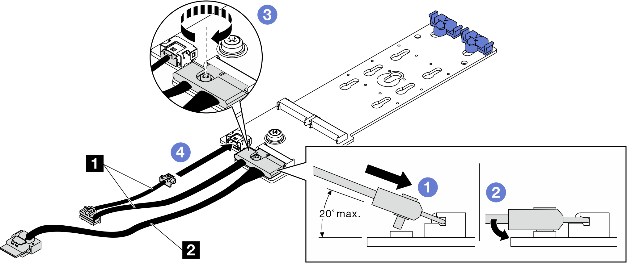 Connecting M.2 cables to ThinkSystem M.2 SATA/NVMe 2-Bay Enablement Kit or ThinkSystem M.2 NVMe 2-Bay RAID Enablement Kit