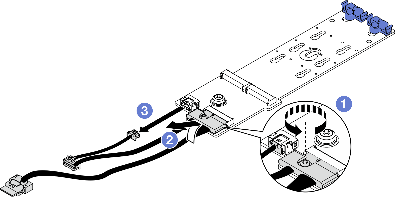 Disconnecting M.2 cables from ThinkSystem M.2 SATA/NVMe 2-Bay Enablement Kit or ThinkSystem M.2 NVMe 2-Bay RAID Enablement Kit