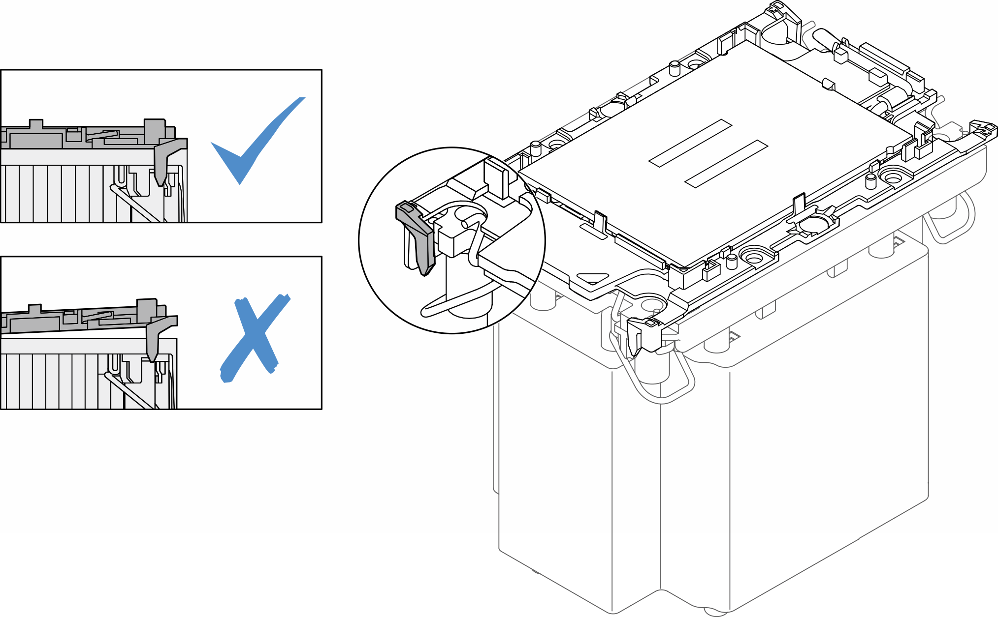 Visually inspect to make sure that clips at all four corners fully engage
