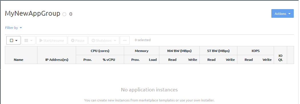 Screen capture showing the Application Group page with the application instance removed