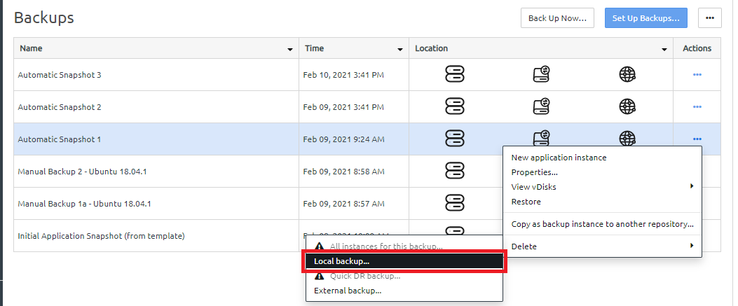 Screen capture showing the list of options available when you click Delete for a local backup.