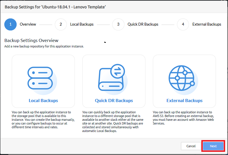 Screen capture showing the Backup Settings overview page