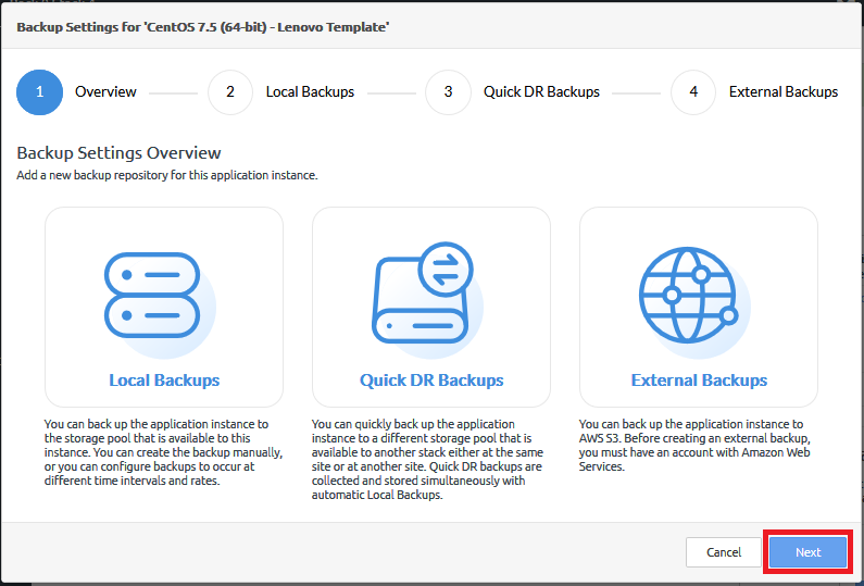 Screen capture showing the Backup Settings overview page