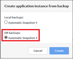 Screen capture showing the Create application instance from backup dialog.