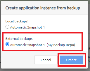 Screen capture showing the Create application instance from backup dialog.