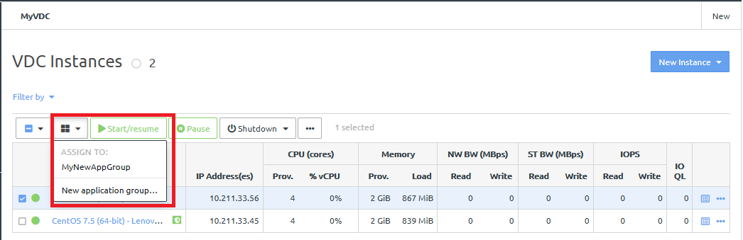 Screen capture showing the application group actions menu