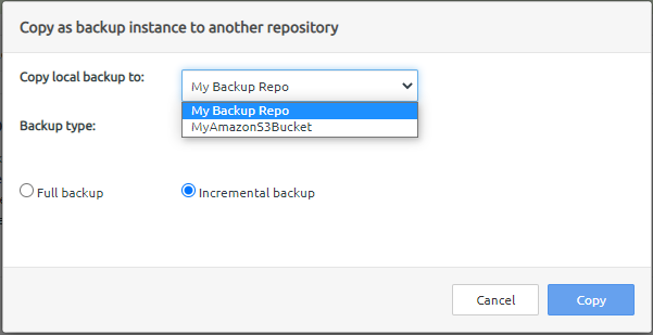 Screen capture showing the Copy as backup instance to another repository option being selected for a backup.